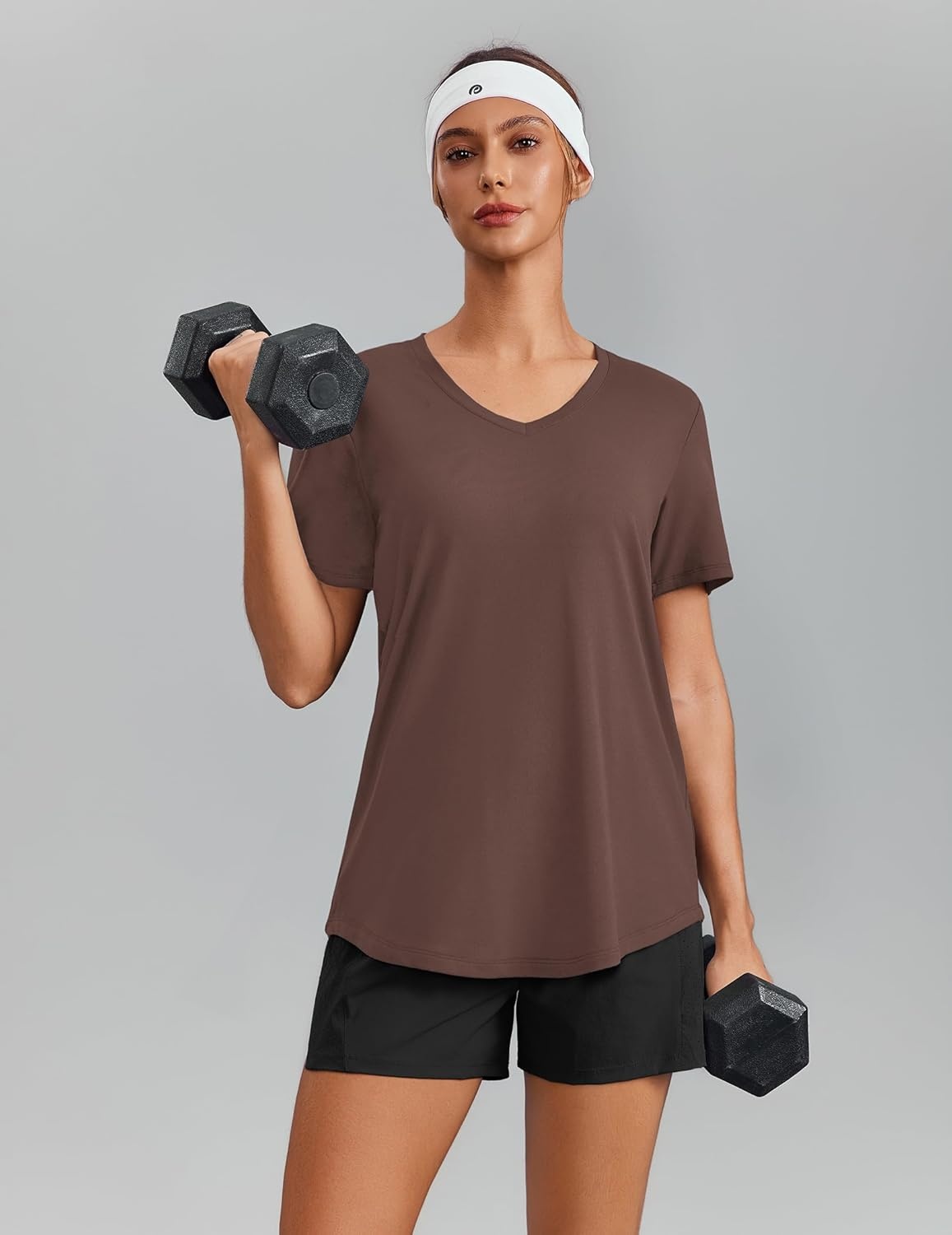 image:imagePINSPARK Soft Workout Tops for Women Short Sleeve V Neck Moisture Wicking UPF 50 Sun Protection Quick Dry Gym ShirtsBrown