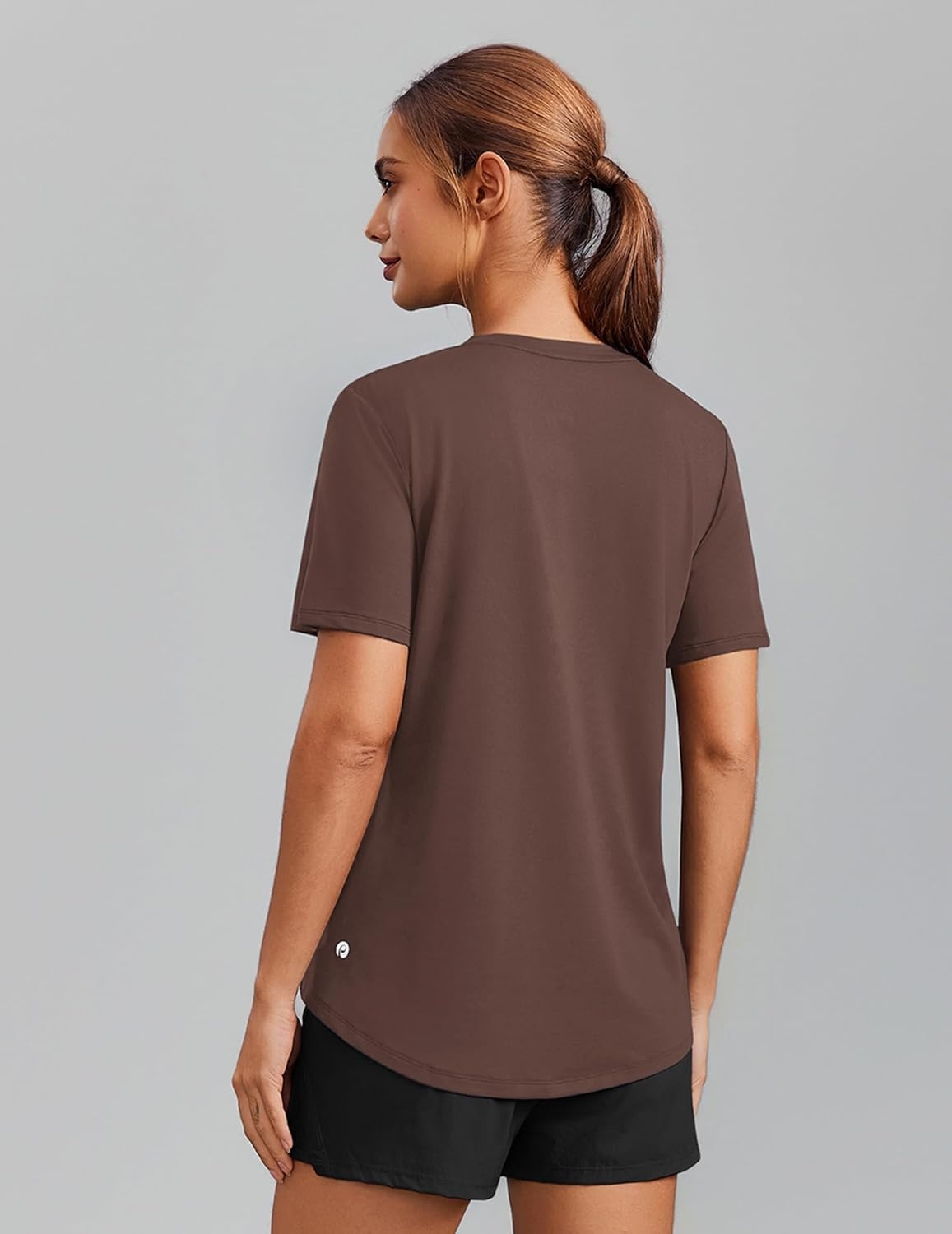 image:imagePINSPARK Soft Workout Tops for Women Short Sleeve V Neck Moisture Wicking UPF 50 Sun Protection Quick Dry Gym ShirtsBrown