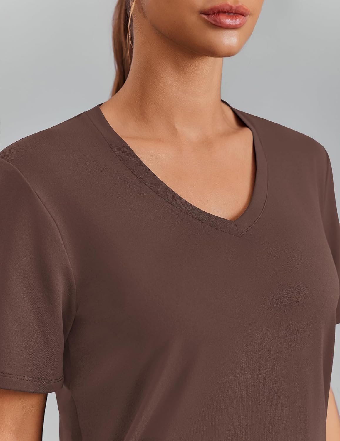 image:imagePINSPARK Soft Workout Tops for Women Short Sleeve V Neck Moisture Wicking UPF 50 Sun Protection Quick Dry Gym ShirtsBrown
