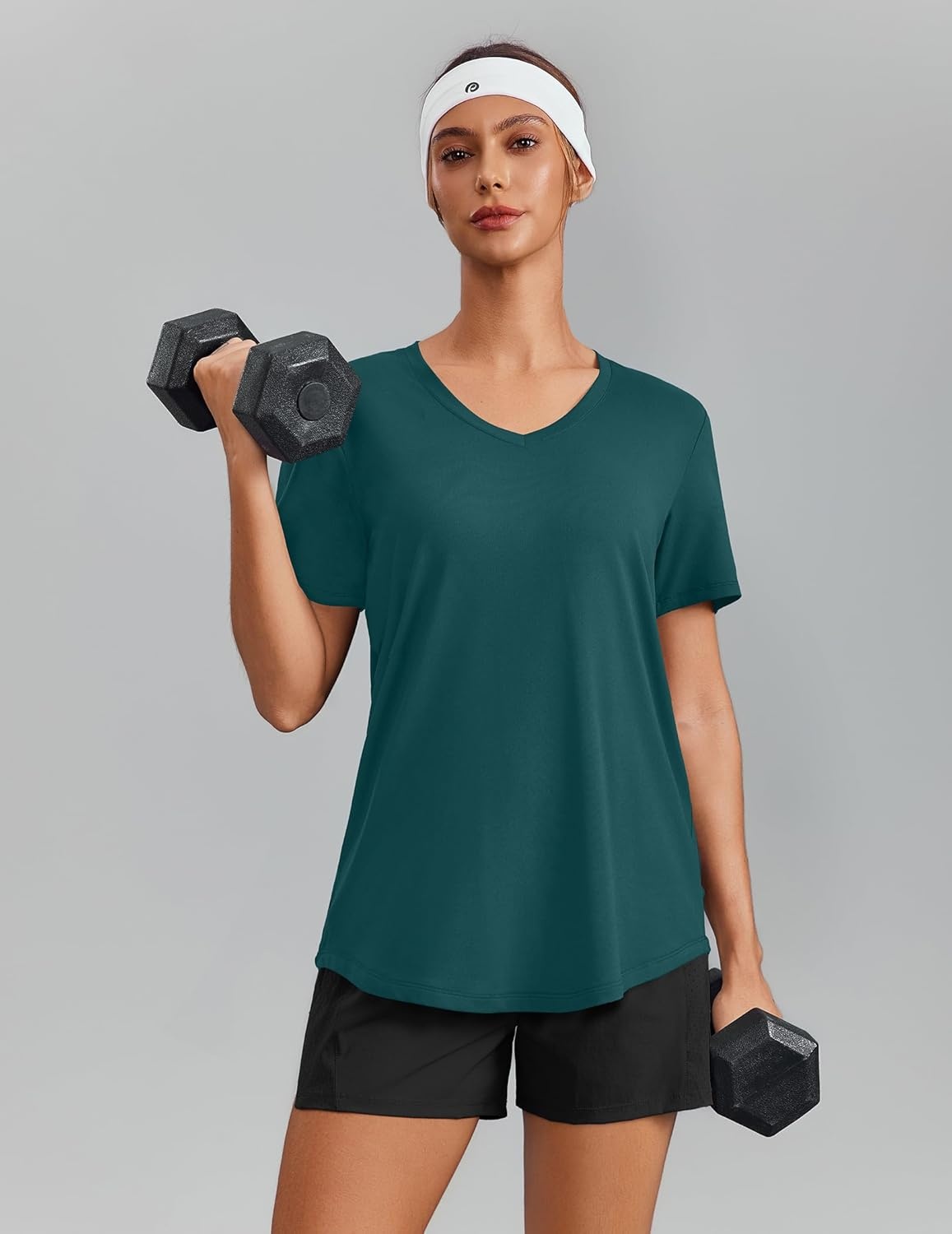 image:imagePINSPARK Soft Workout Tops for Women Short Sleeve V Neck Moisture Wicking UPF 50 Sun Protection Quick Dry Gym ShirtsDark Teal
