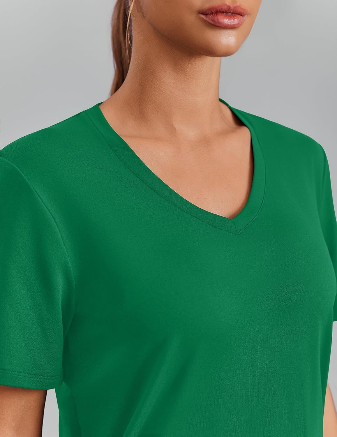 image:imagePINSPARK Soft Workout Tops for Women Short Sleeve V Neck Moisture Wicking UPF 50 Sun Protection Quick Dry Gym ShirtsGreen