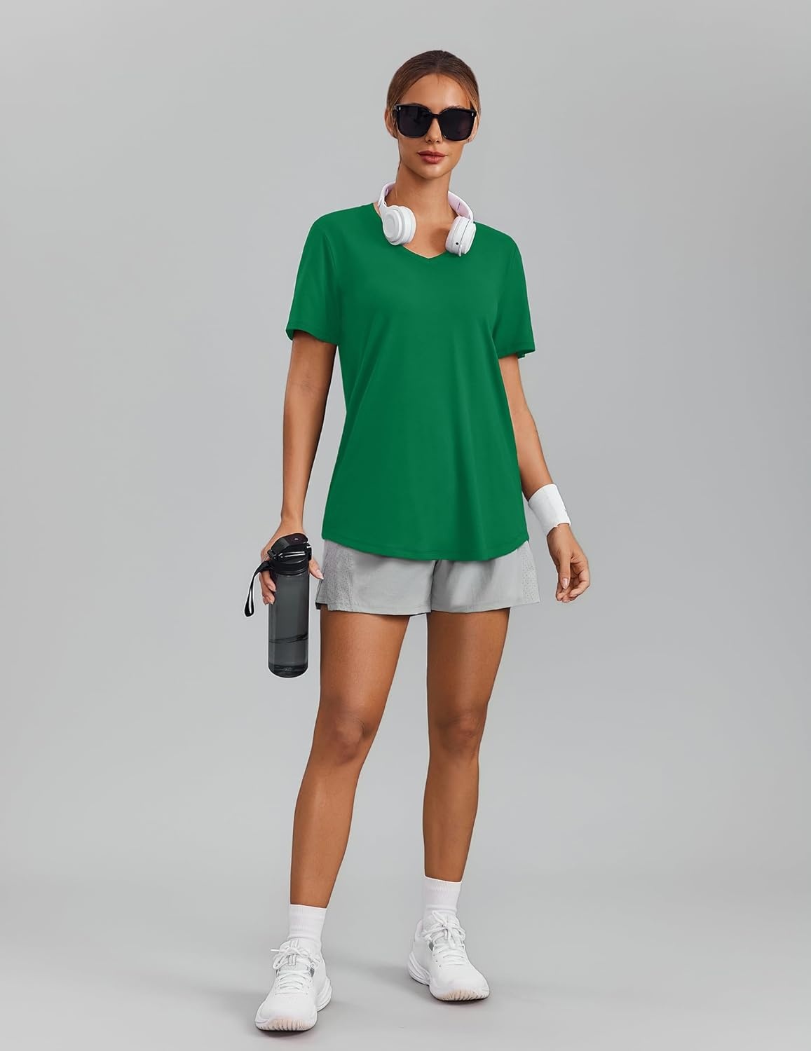 image:imagePINSPARK Soft Workout Tops for Women Short Sleeve V Neck Moisture Wicking UPF 50 Sun Protection Quick Dry Gym ShirtsGreen