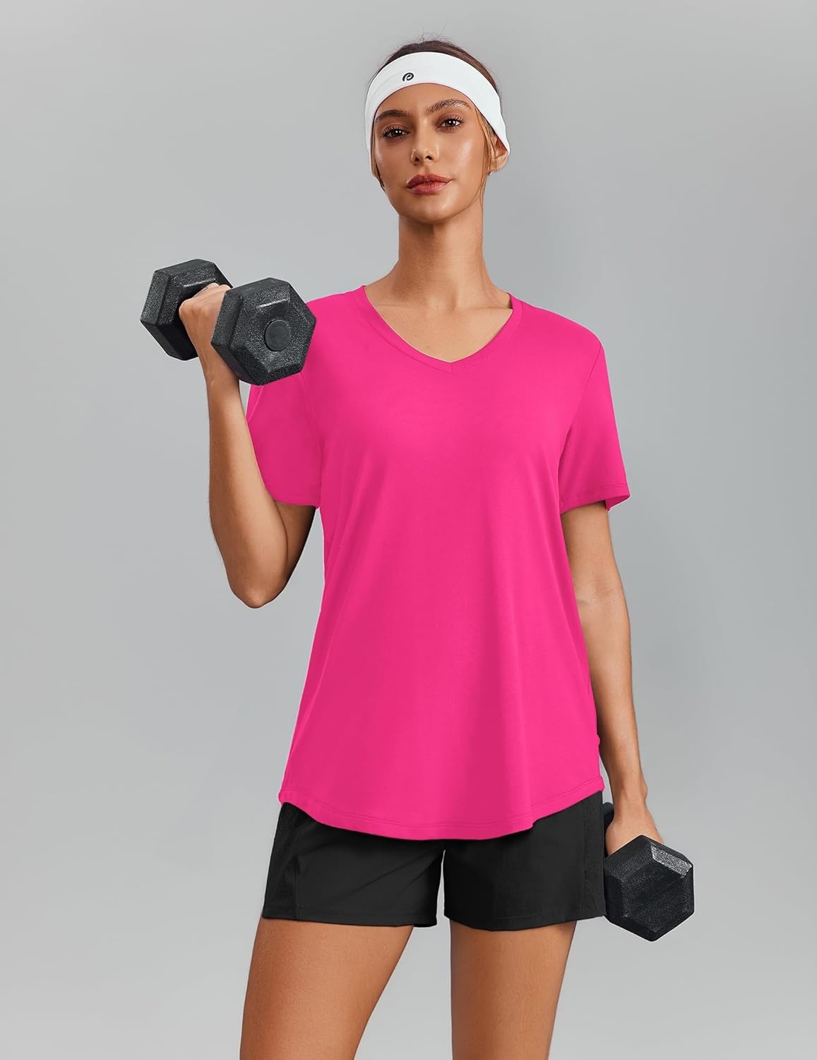 image:imagePINSPARK Soft Workout Tops for Women Short Sleeve V Neck Moisture Wicking UPF 50 Sun Protection Quick Dry Gym ShirtsNeon Pink