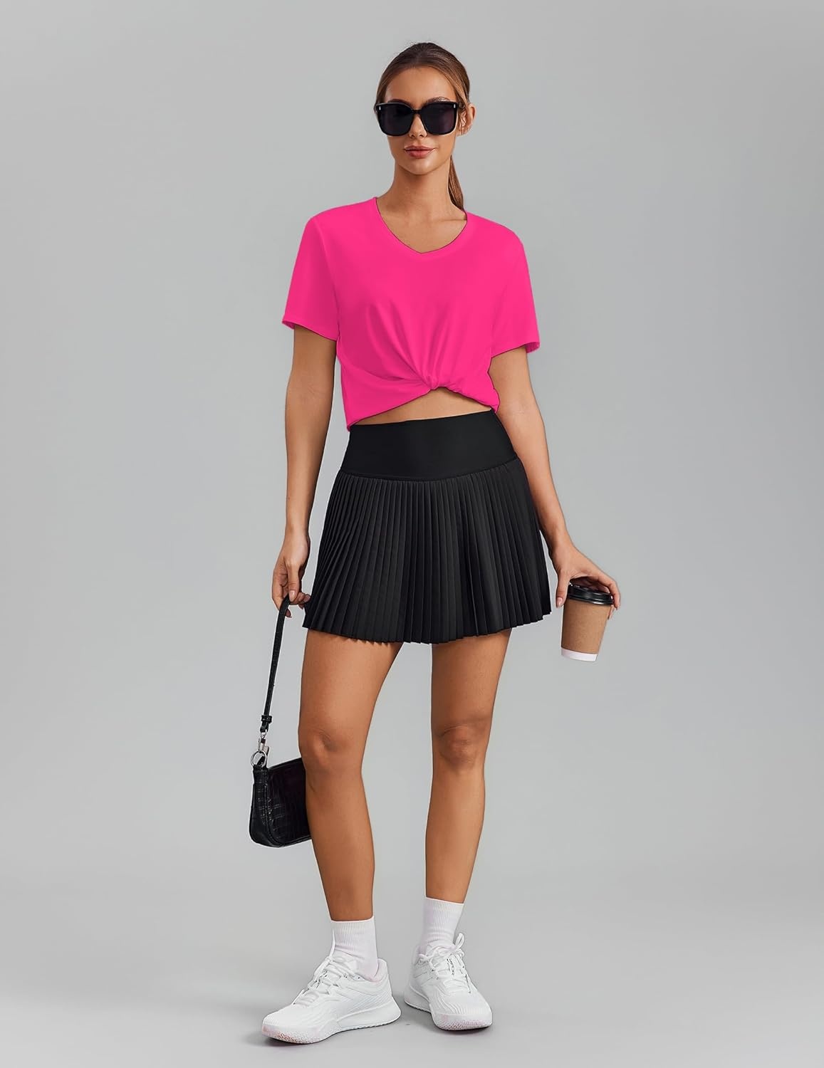 image:imagePINSPARK Soft Workout Tops for Women Short Sleeve V Neck Moisture Wicking UPF 50 Sun Protection Quick Dry Gym ShirtsNeon Pink