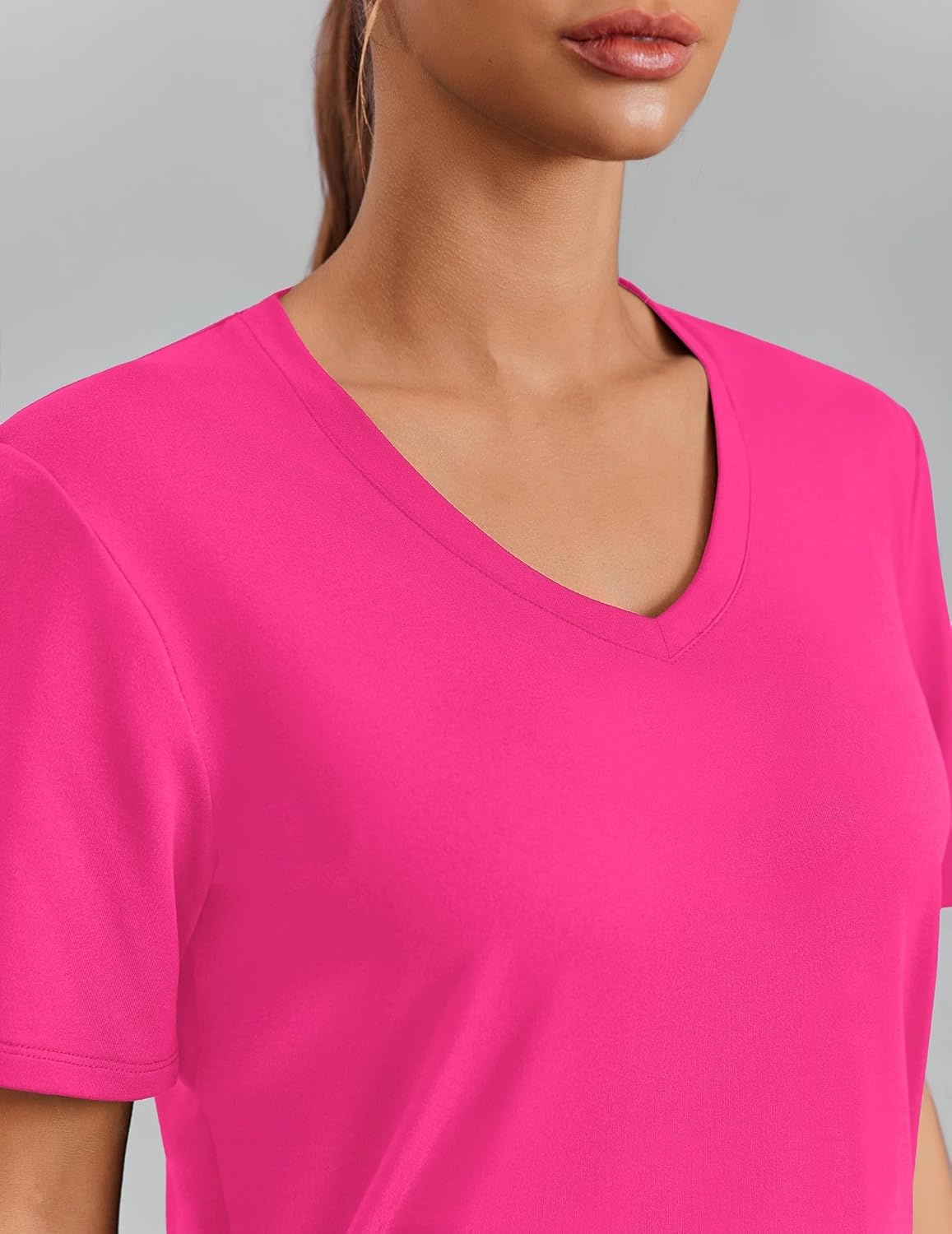 image:imagePINSPARK Soft Workout Tops for Women Short Sleeve V Neck Moisture Wicking UPF 50 Sun Protection Quick Dry Gym ShirtsNeon Pink
