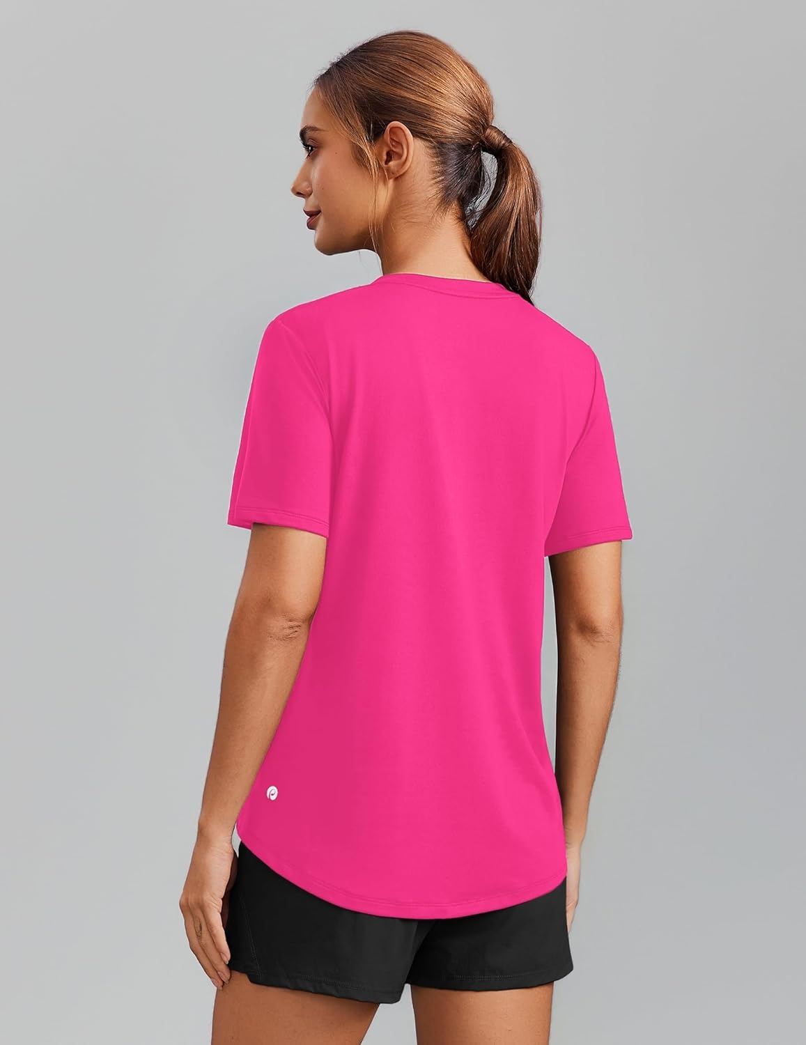 image:imagePINSPARK Soft Workout Tops for Women Short Sleeve V Neck Moisture Wicking UPF 50 Sun Protection Quick Dry Gym ShirtsNeon Pink
