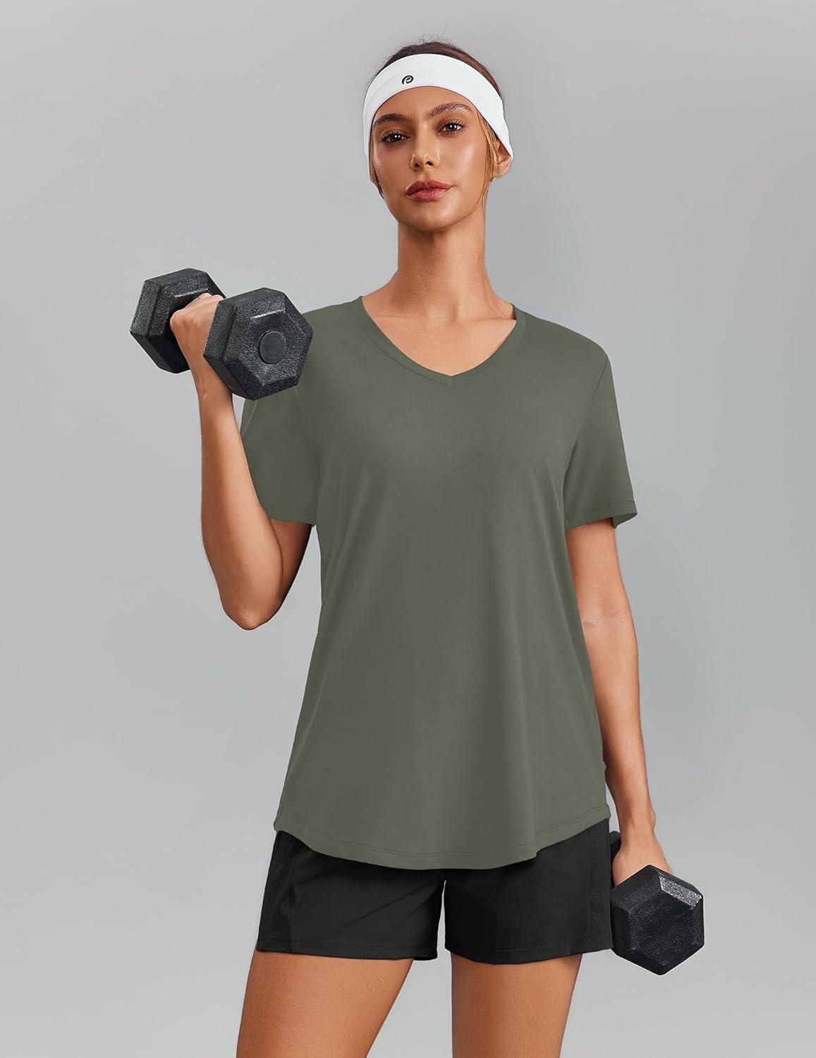 image:imagePINSPARK Soft Workout Tops for Women Short Sleeve V Neck Moisture Wicking UPF 50 Sun Protection Quick Dry Gym ShirtsOlive Green