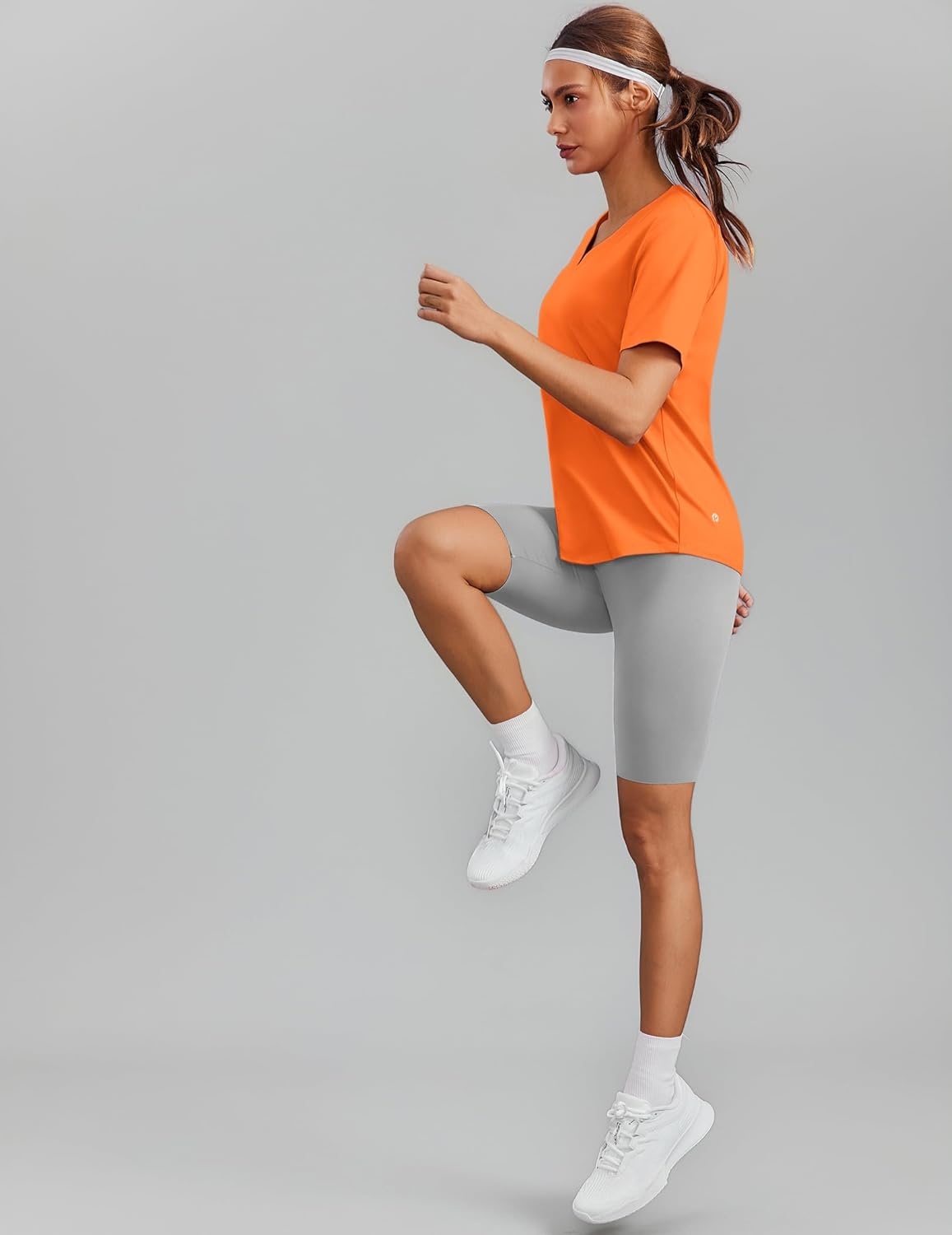 image:imagePINSPARK Soft Workout Tops for Women Short Sleeve V Neck Moisture Wicking UPF 50 Sun Protection Quick Dry Gym ShirtsOrange