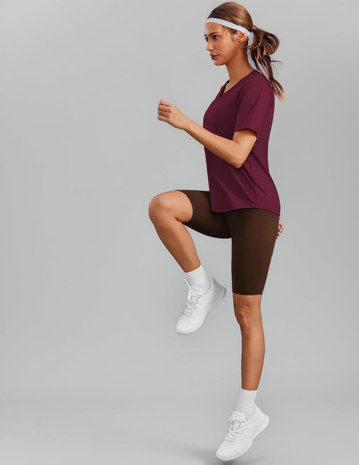 image:imagePINSPARK Soft Workout Tops for Women Short Sleeve V Neck Moisture Wicking UPF 50 Sun Protection Quick Dry Gym ShirtsRed Merlot