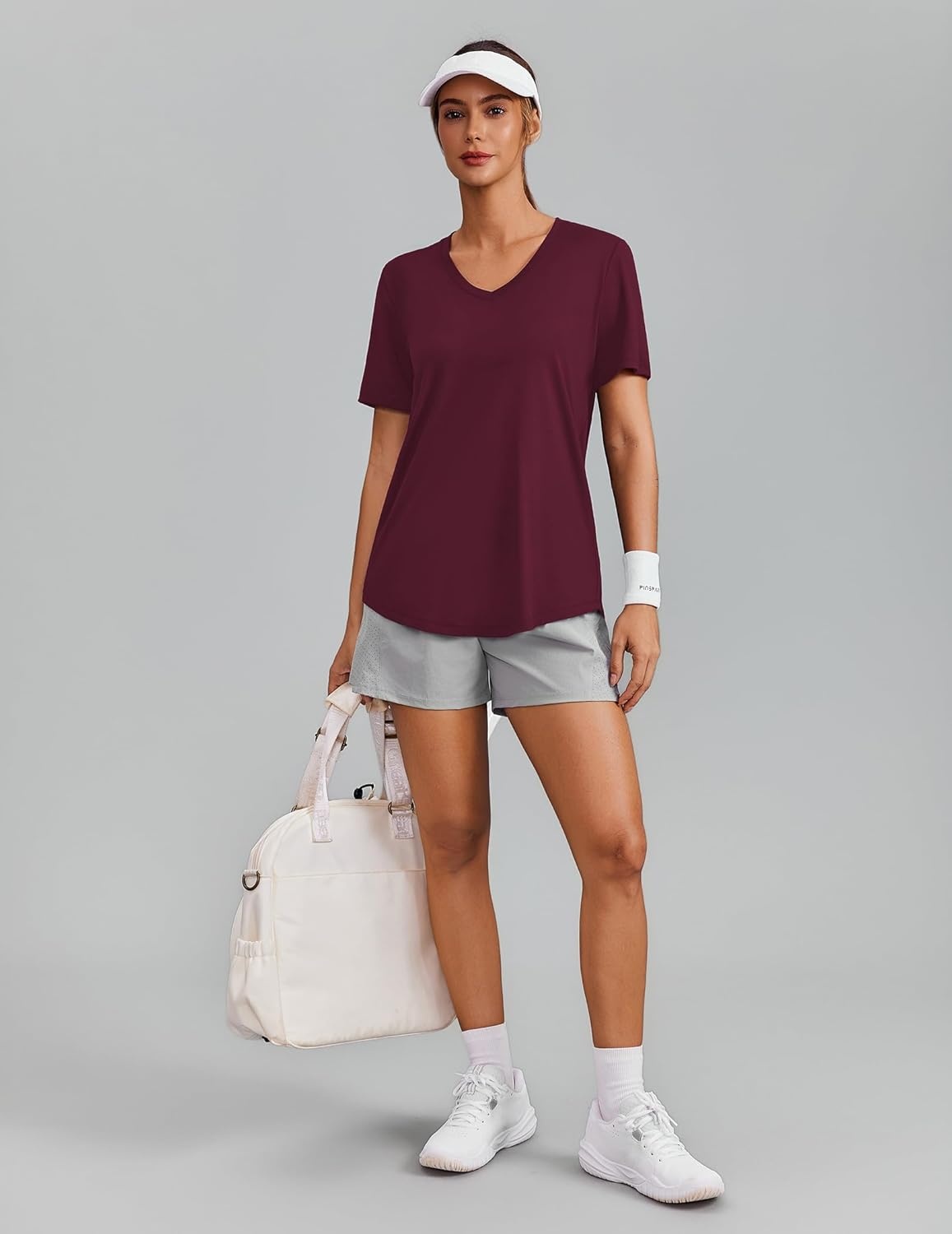 image:imagePINSPARK Soft Workout Tops for Women Short Sleeve V Neck Moisture Wicking UPF 50 Sun Protection Quick Dry Gym ShirtsRed Merlot