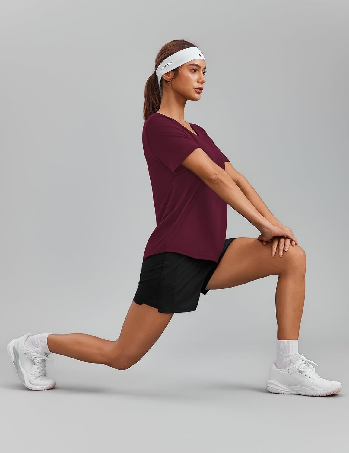 image:imagePINSPARK Soft Workout Tops for Women Short Sleeve V Neck Moisture Wicking UPF 50 Sun Protection Quick Dry Gym ShirtsRed Merlot