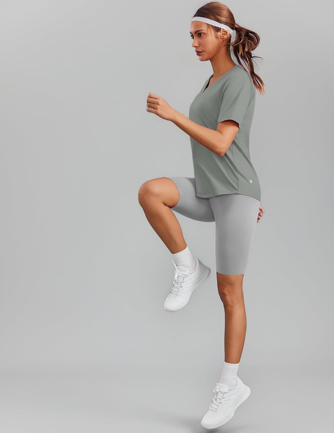 image:imagePINSPARK Soft Workout Tops for Women Short Sleeve V Neck Moisture Wicking UPF 50 Sun Protection Quick Dry Gym ShirtsSage Green