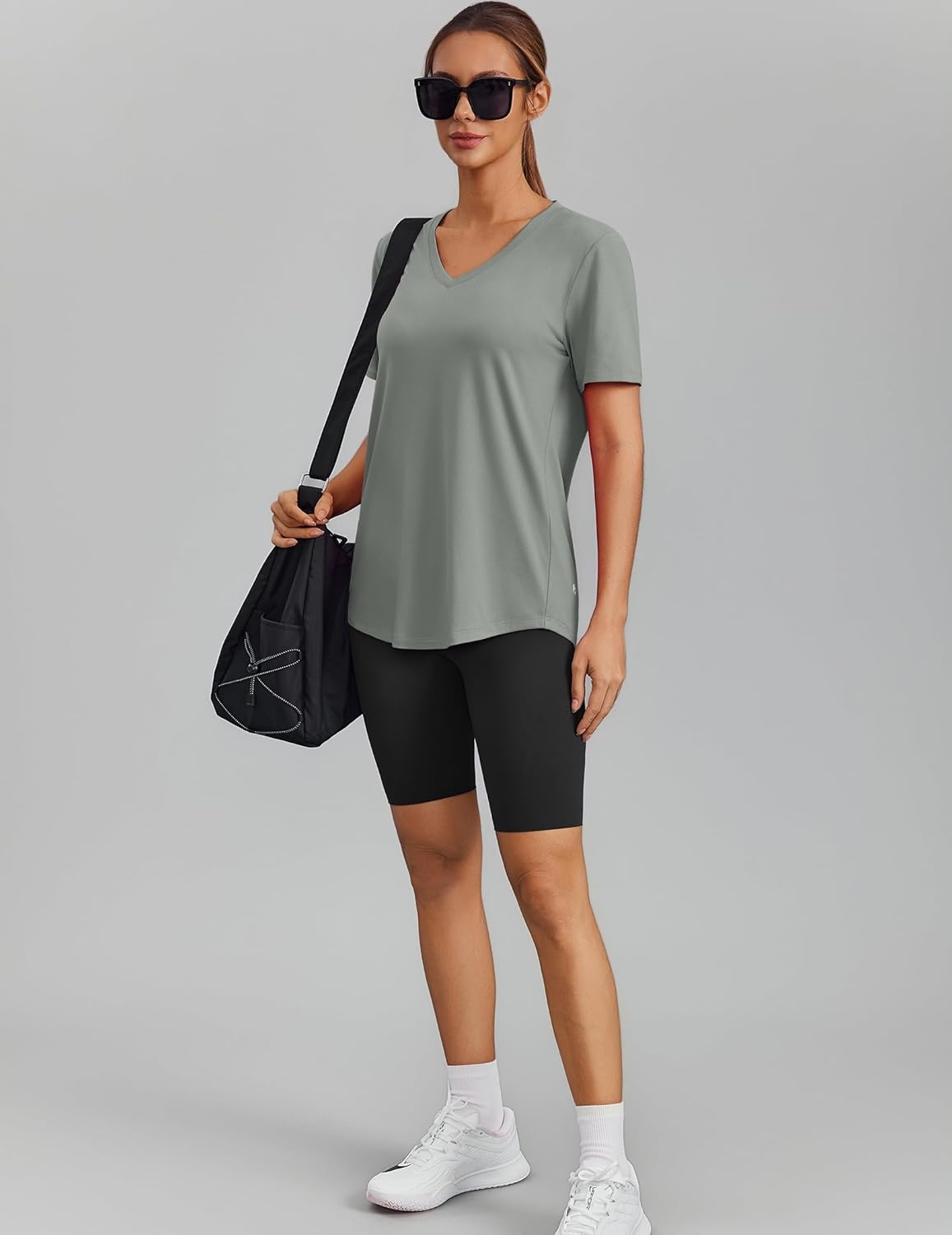 image:imagePINSPARK Soft Workout Tops for Women Short Sleeve V Neck Moisture Wicking UPF 50 Sun Protection Quick Dry Gym ShirtsSage Green