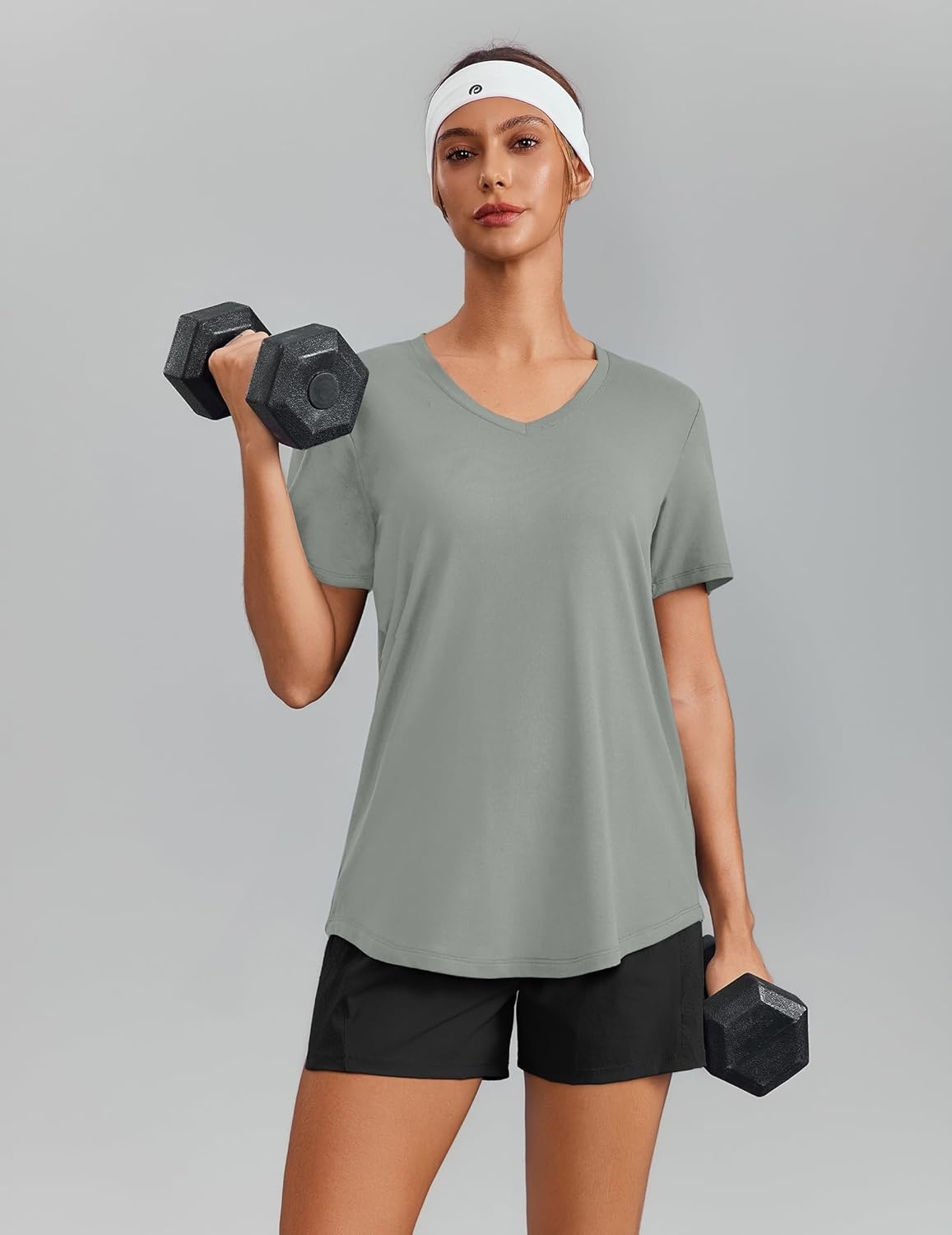 image:imagePINSPARK Soft Workout Tops for Women Short Sleeve V Neck Moisture Wicking UPF 50 Sun Protection Quick Dry Gym ShirtsSage Green