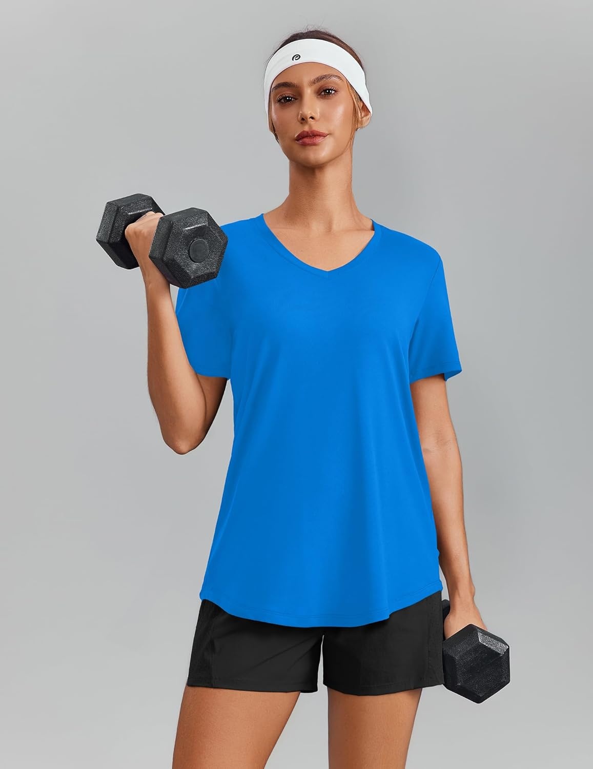 image:imagePINSPARK Soft Workout Tops for Women Short Sleeve V Neck Moisture Wicking UPF 50 Sun Protection Quick Dry Gym ShirtsSparkle Blue
