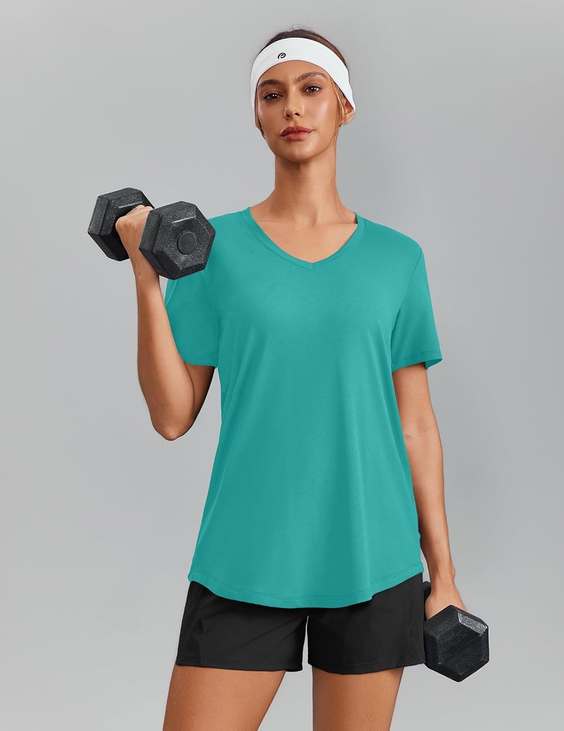 image:imagePINSPARK Soft Workout Tops for Women Short Sleeve V Neck Moisture Wicking UPF 50 Sun Protection Quick Dry Gym ShirtsTeal