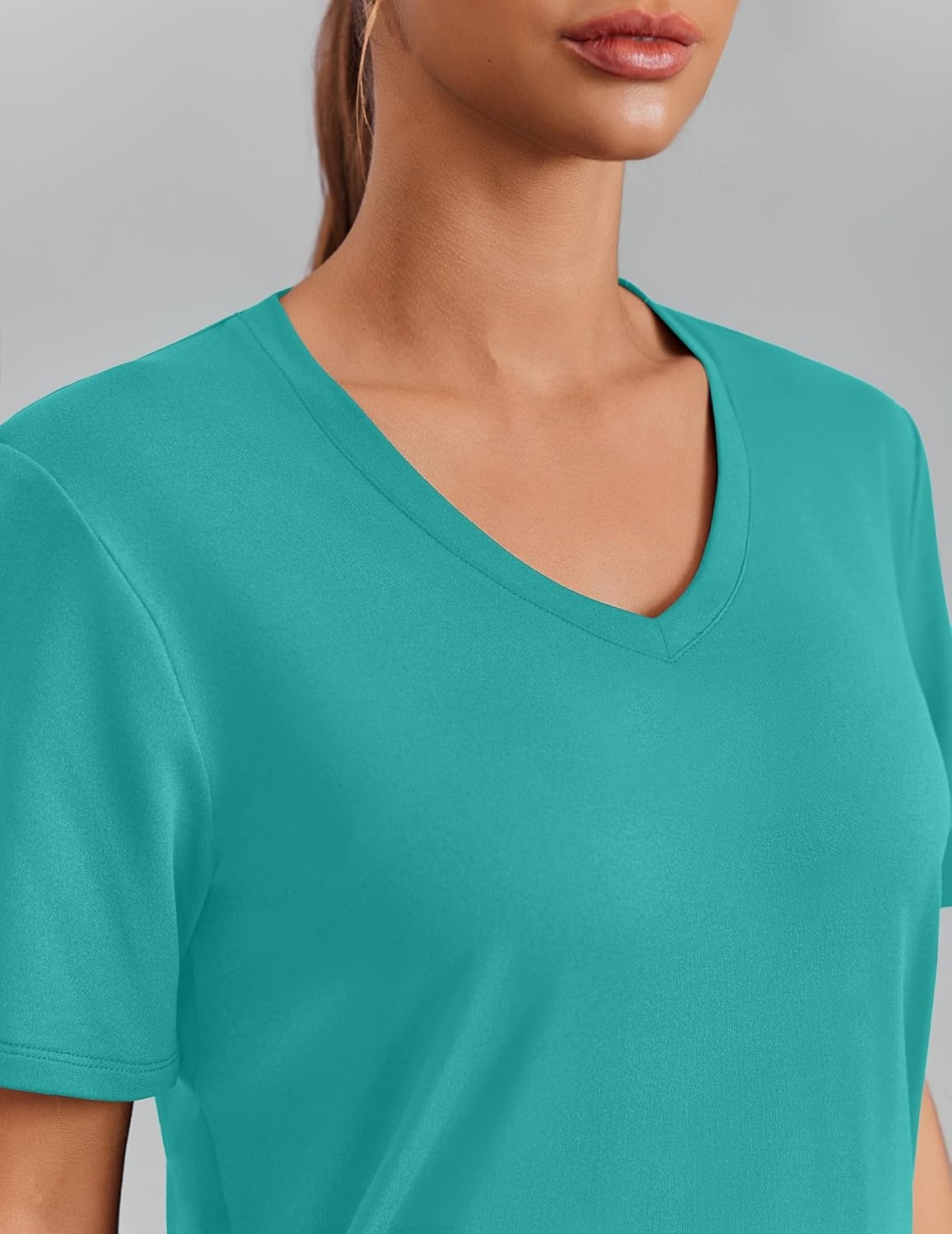 image:imagePINSPARK Soft Workout Tops for Women Short Sleeve V Neck Moisture Wicking UPF 50 Sun Protection Quick Dry Gym ShirtsTeal