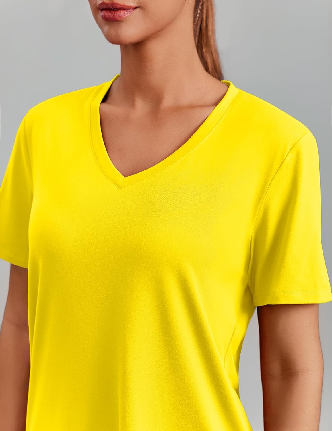 image:imagePINSPARK Soft Workout Tops for Women Short Sleeve V Neck Moisture Wicking UPF 50 Sun Protection Quick Dry Gym ShirtsYellow
