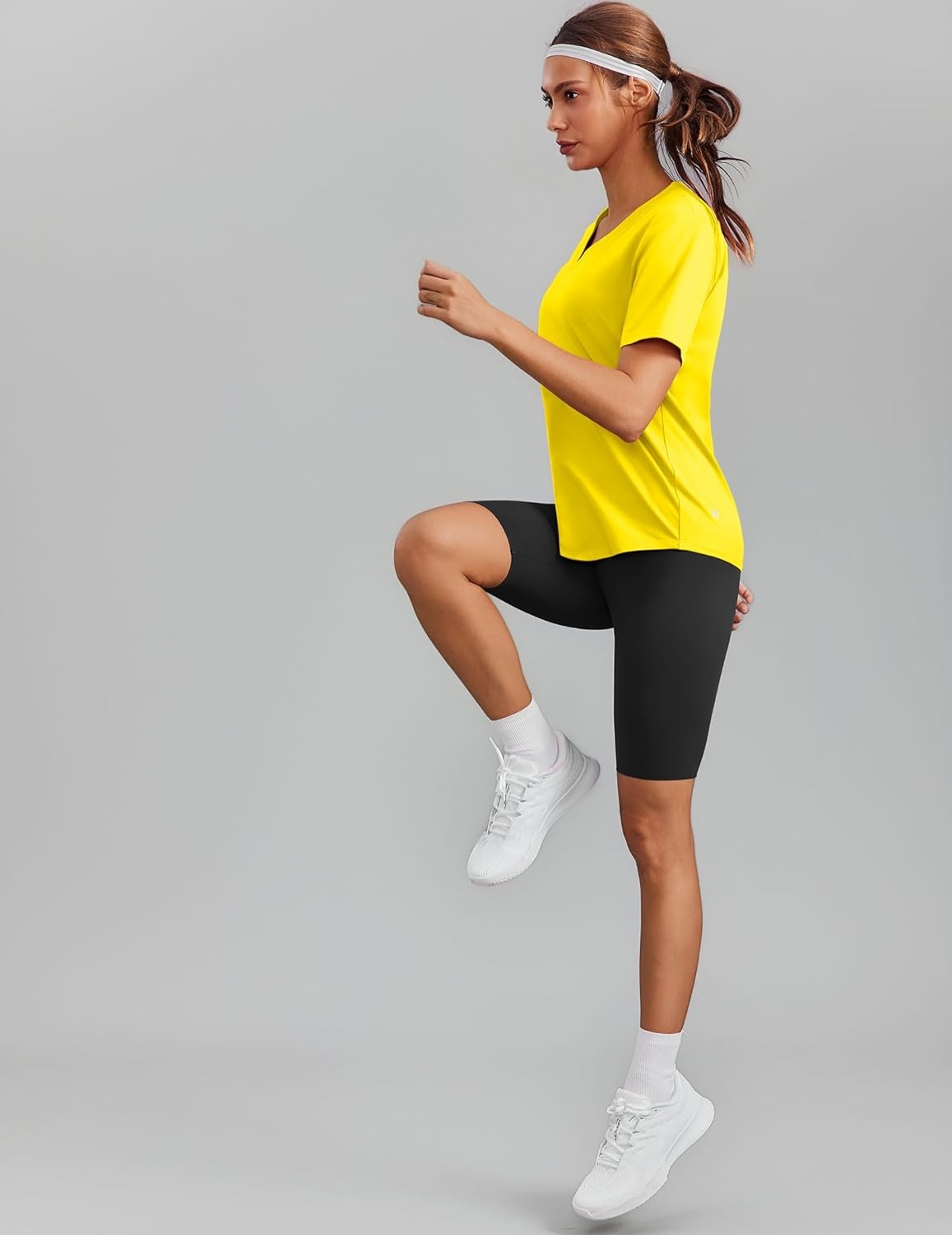 image:imagePINSPARK Soft Workout Tops for Women Short Sleeve V Neck Moisture Wicking UPF 50 Sun Protection Quick Dry Gym ShirtsYellow