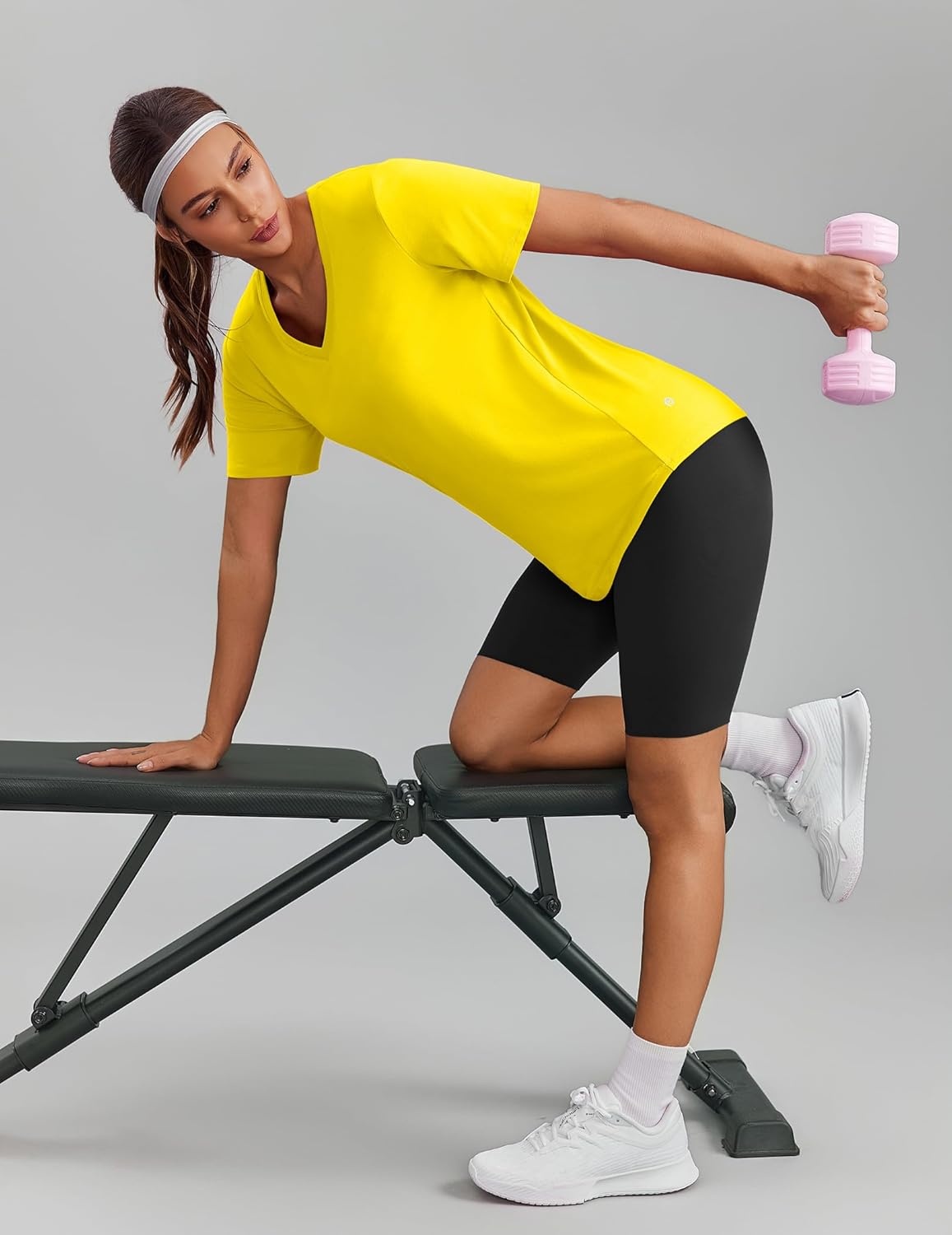image:imagePINSPARK Soft Workout Tops for Women Short Sleeve V Neck Moisture Wicking UPF 50 Sun Protection Quick Dry Gym ShirtsYellow