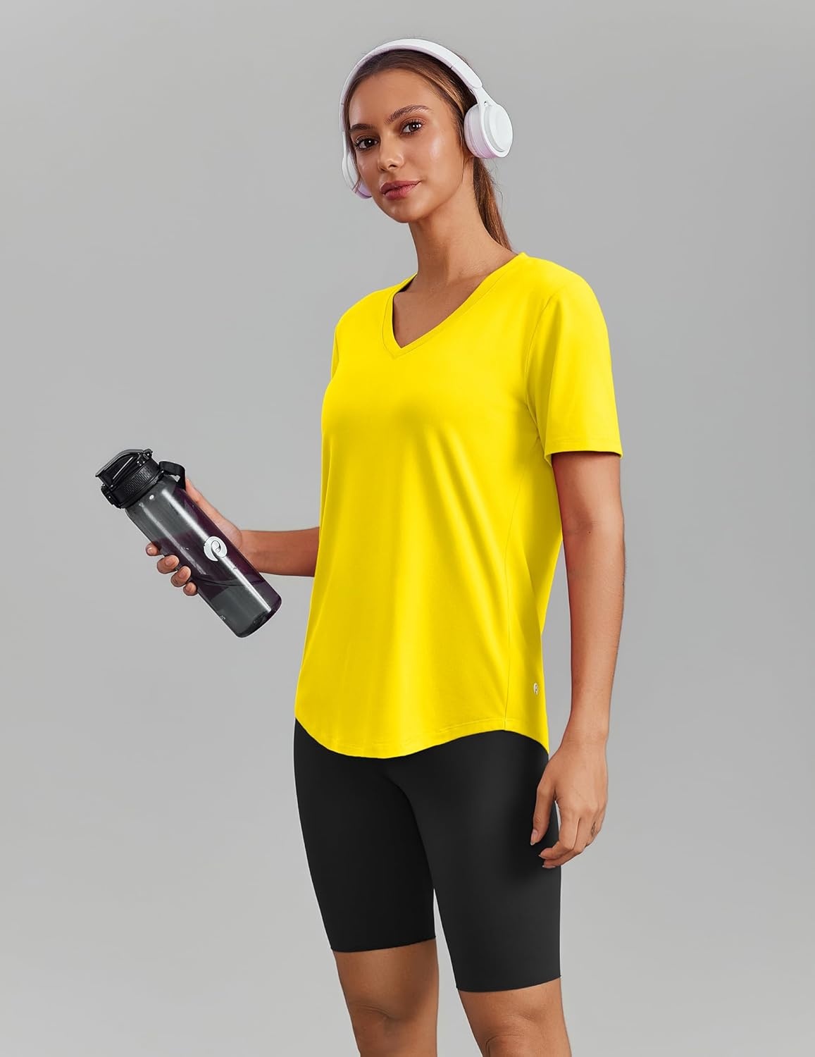 image:imagePINSPARK Soft Workout Tops for Women Short Sleeve V Neck Moisture Wicking UPF 50 Sun Protection Quick Dry Gym ShirtsYellow