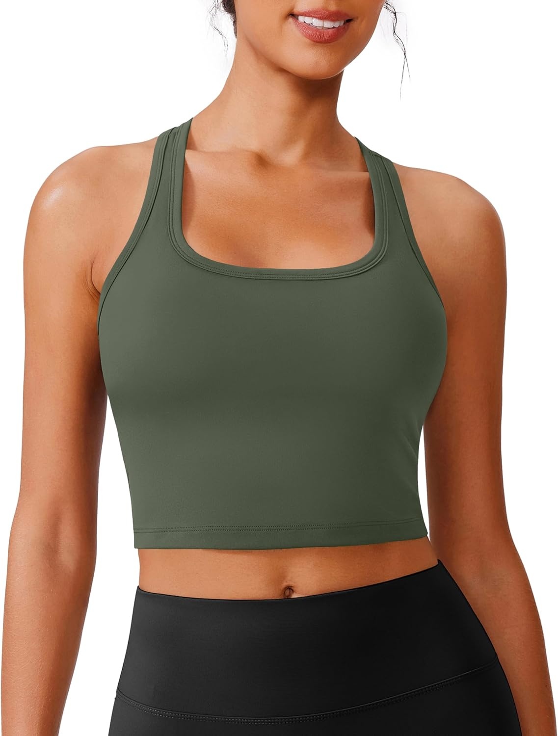 image:imagePINSPARK Sports Bra Longline Racerback Tank Tops for Women Padded Workout Yoga TopArmy Green