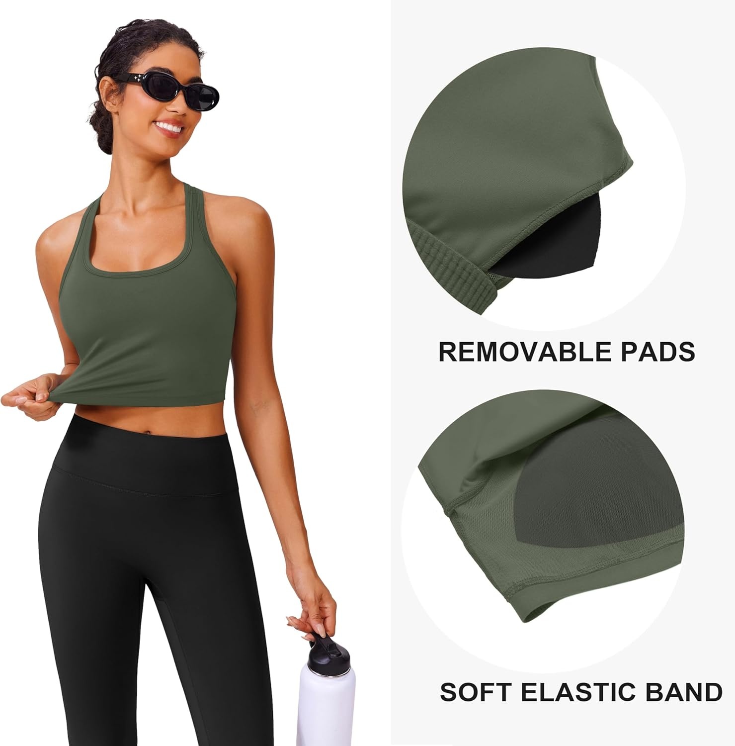 image:imagePINSPARK Sports Bra Longline Racerback Tank Tops for Women Padded Workout Yoga TopArmy Green