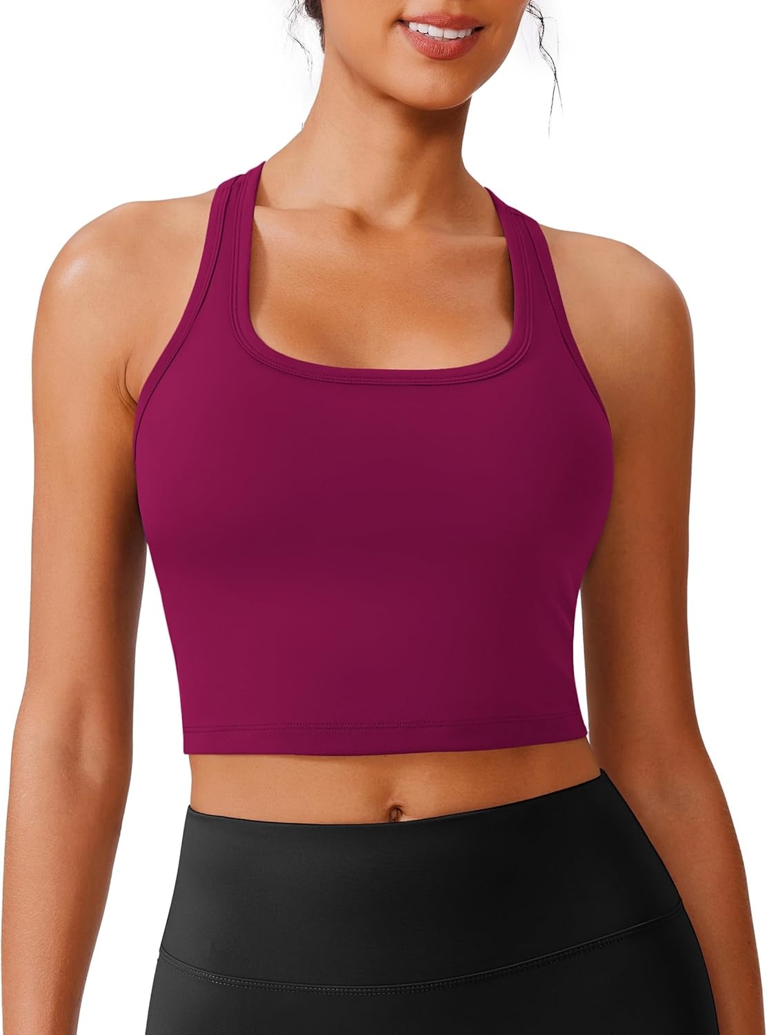 image:imagePINSPARK Sports Bra Longline Racerback Tank Tops for Women Padded Workout Yoga TopBerry Red