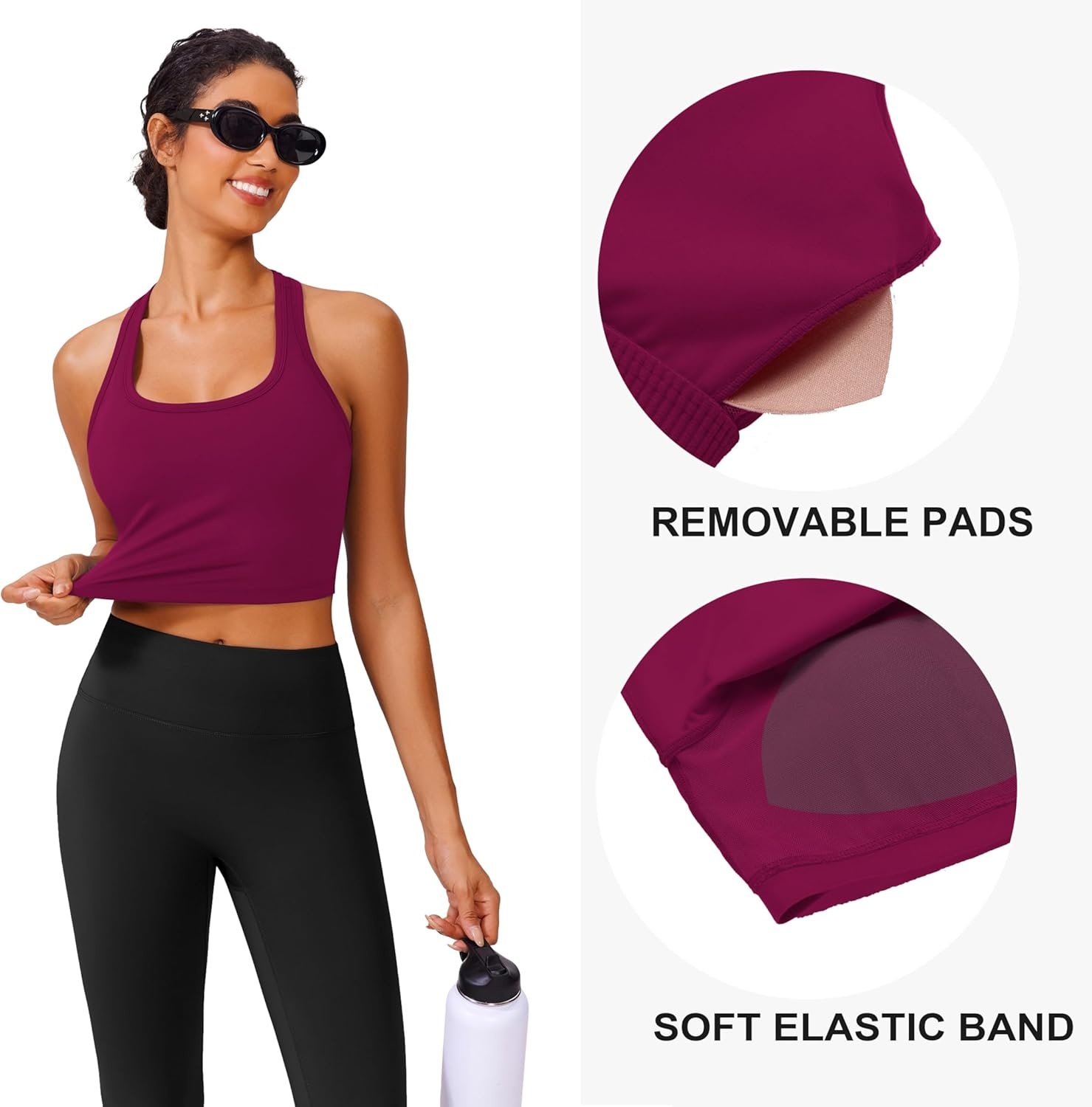 image:imagePINSPARK Sports Bra Longline Racerback Tank Tops for Women Padded Workout Yoga TopBerry Red