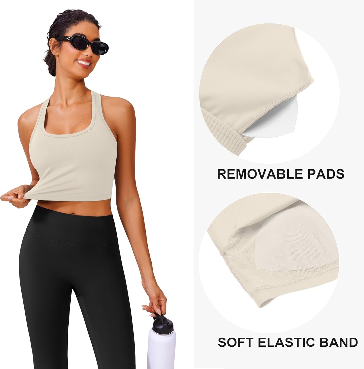 image:imagePINSPARK Sports Bra Longline Racerback Tank Tops for Women Padded Workout Yoga TopBone White