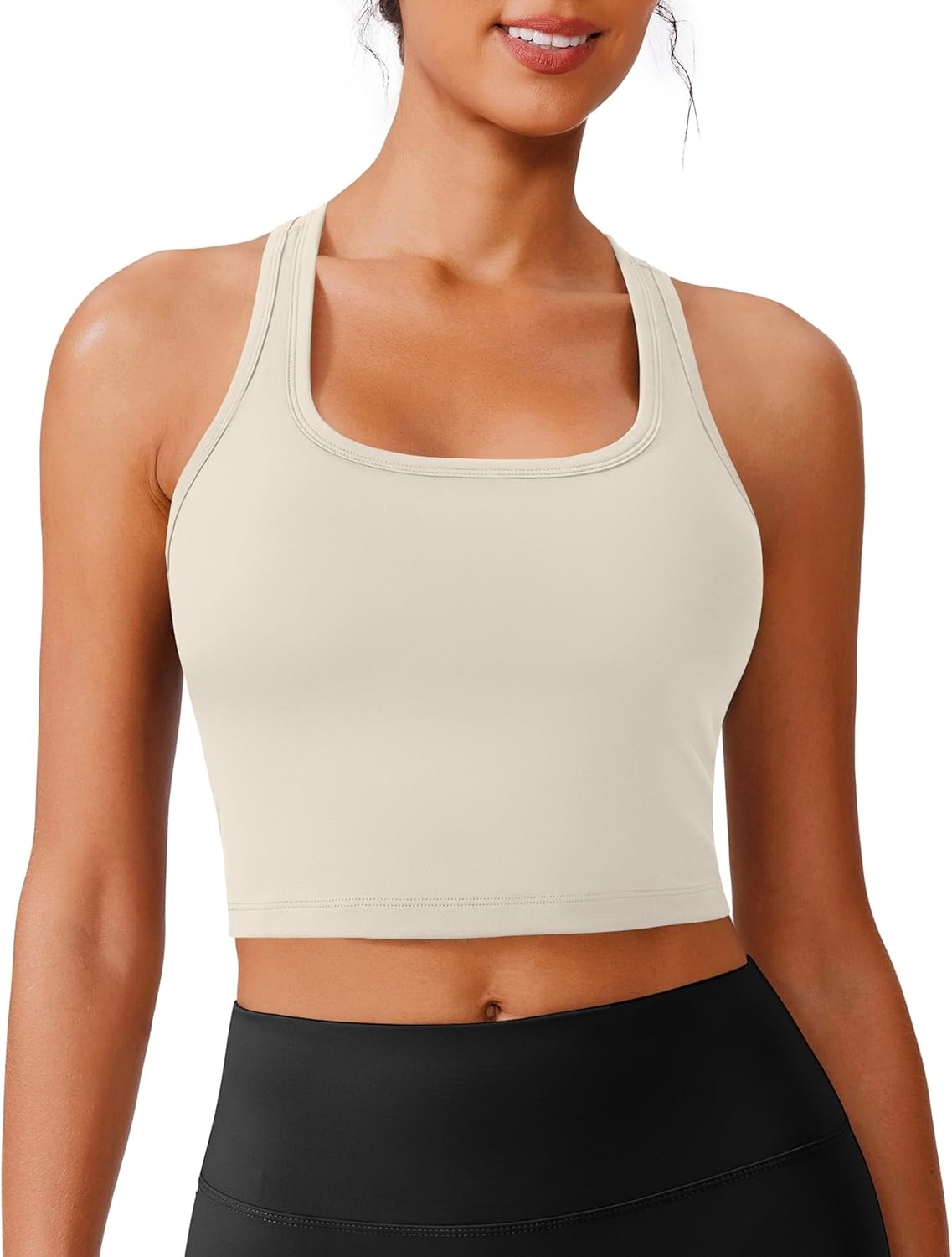 image:imagePINSPARK Sports Bra Longline Racerback Tank Tops for Women Padded Workout Yoga TopBone White