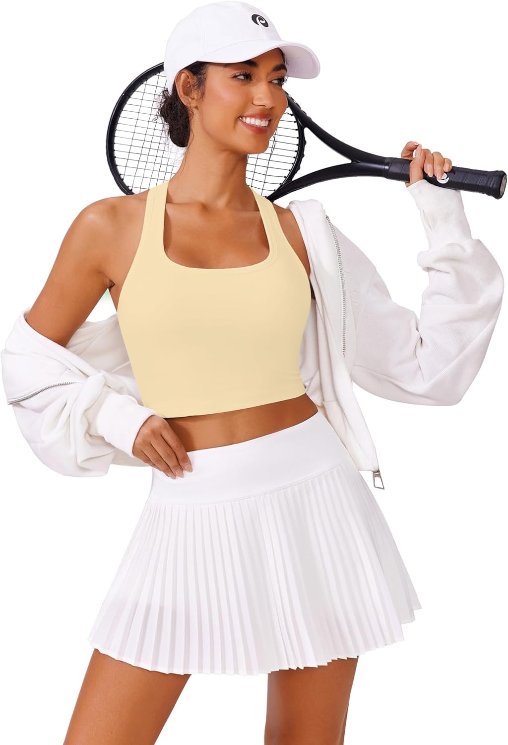 image:imagePINSPARK Sports Bra Longline Racerback Tank Tops for Women Padded Workout Yoga TopButter Yellow