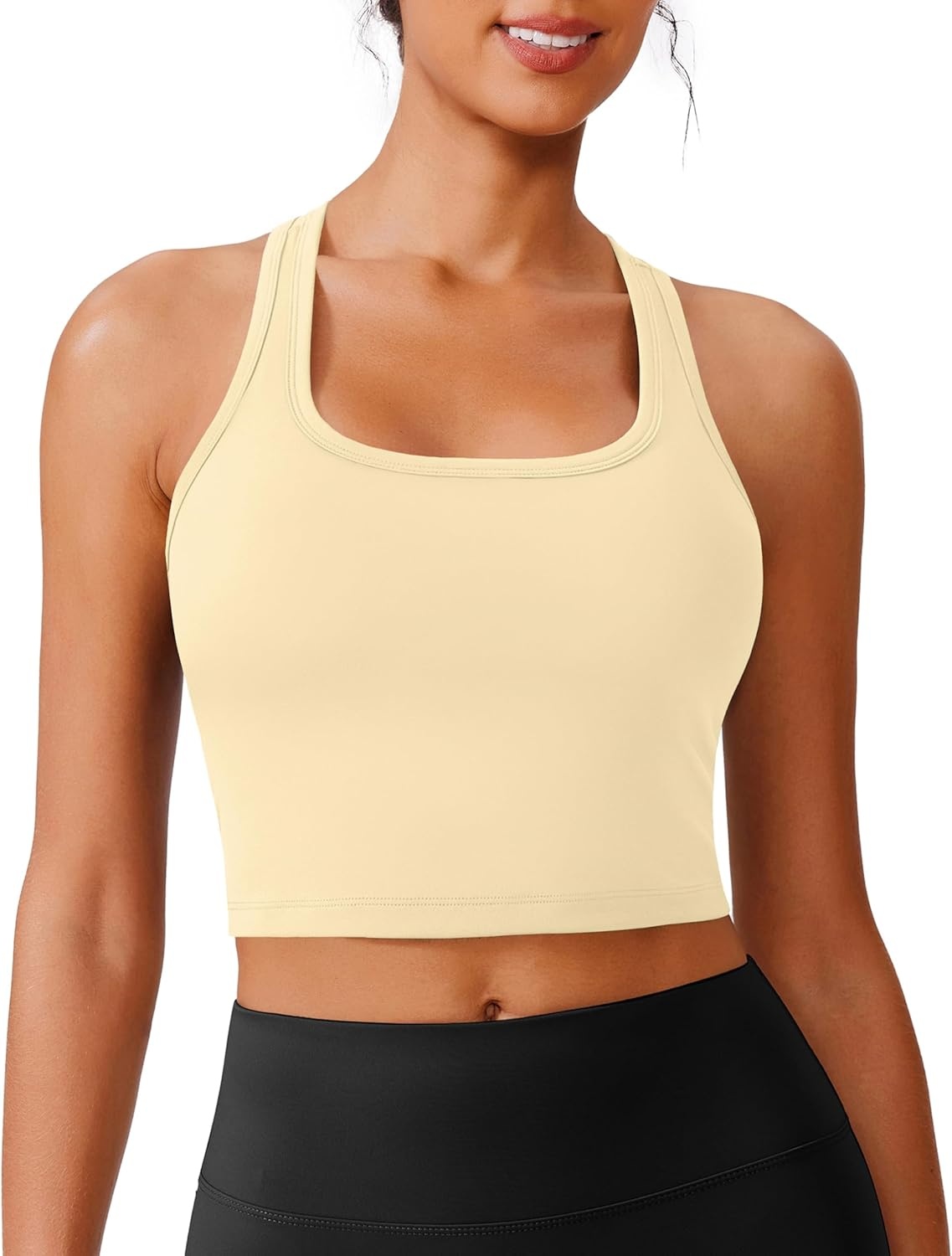 image:imagePINSPARK Sports Bra Longline Racerback Tank Tops for Women Padded Workout Yoga TopButter Yellow
