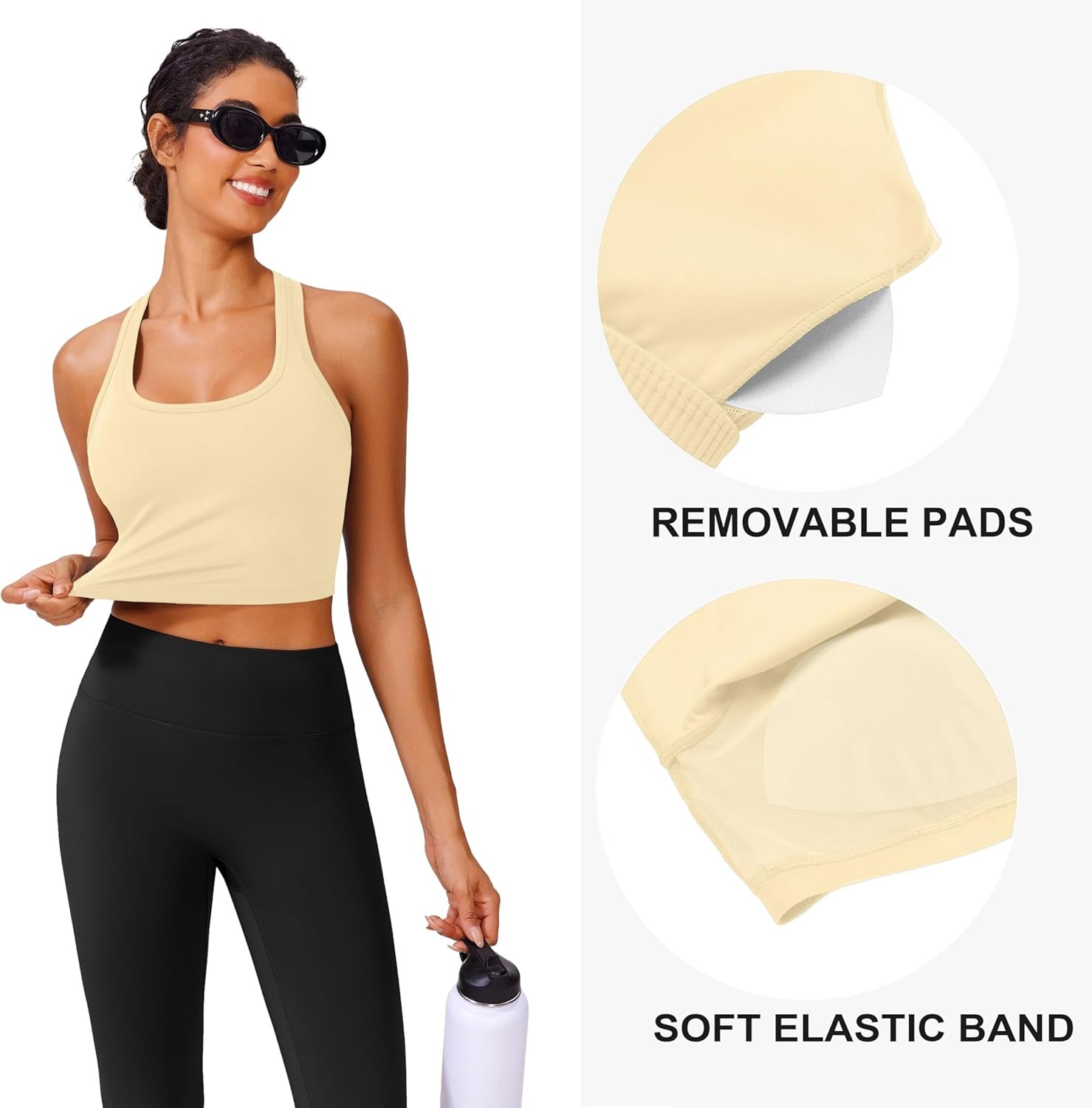 image:imagePINSPARK Sports Bra Longline Racerback Tank Tops for Women Padded Workout Yoga TopButter Yellow