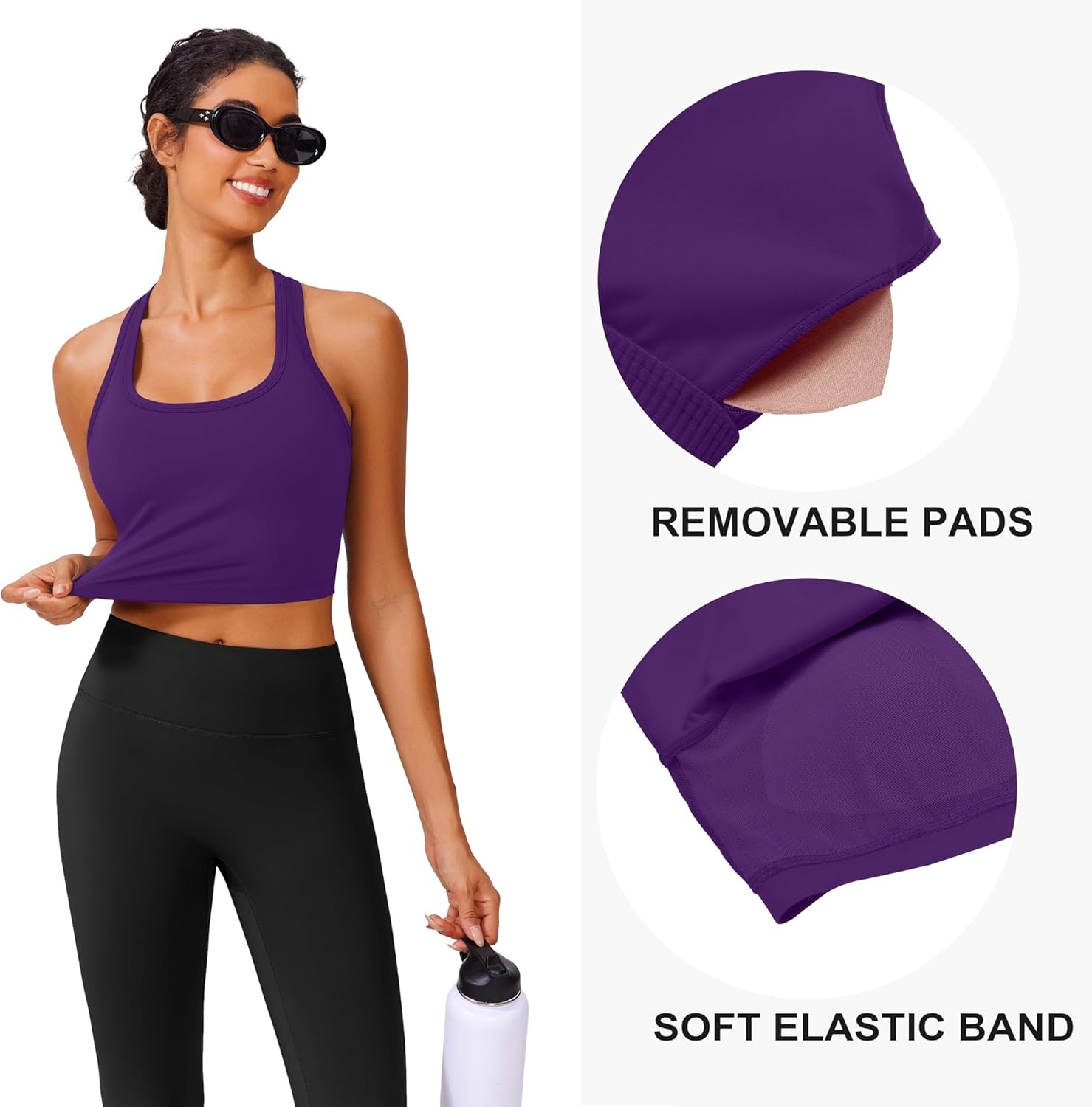 image:imagePINSPARK Sports Bra Longline Racerback Tank Tops for Women Padded Workout Yoga TopDark Purple