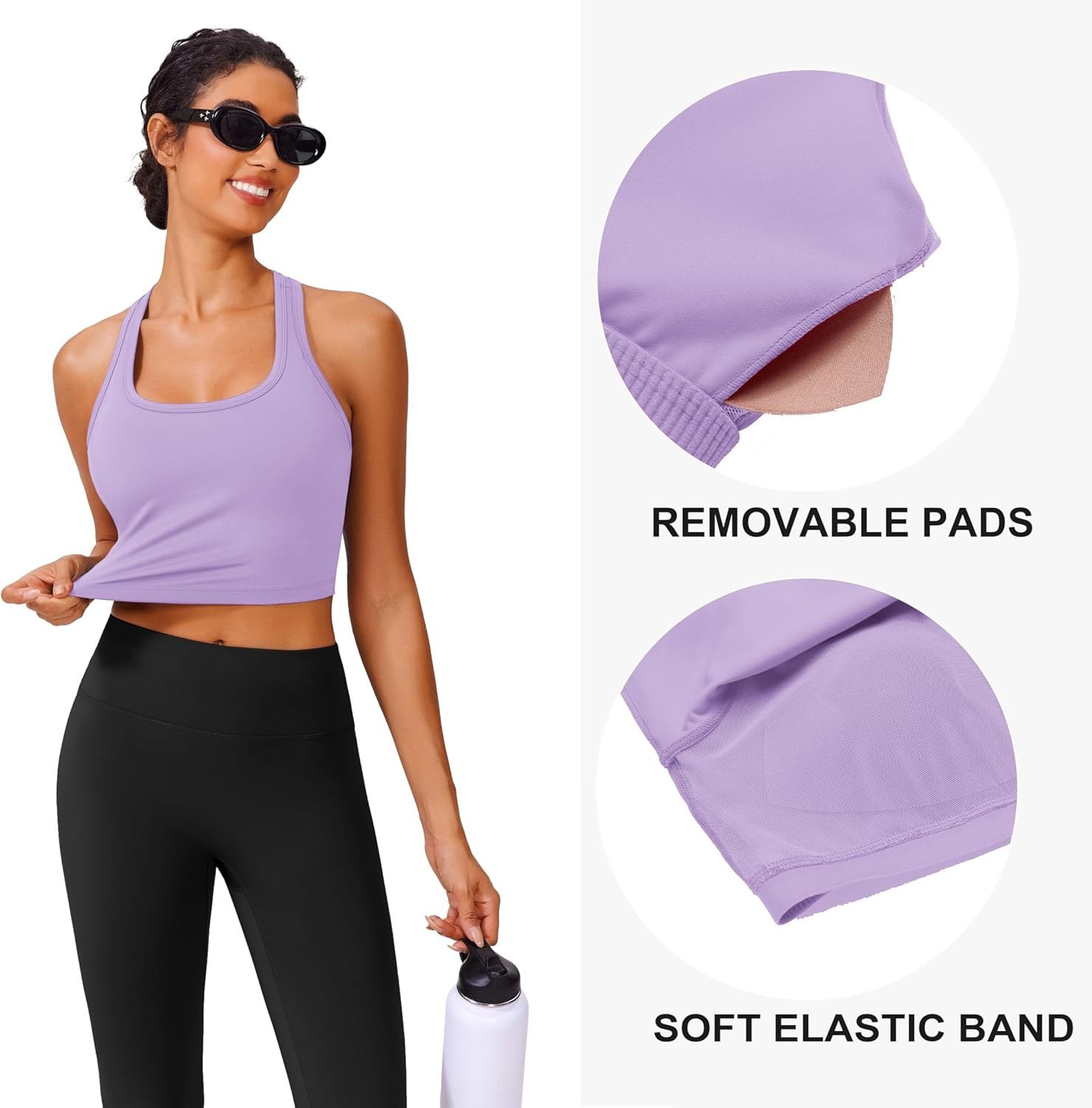 image:imagePINSPARK Sports Bra Longline Racerback Tank Tops for Women Padded Workout Yoga TopElfin Purple