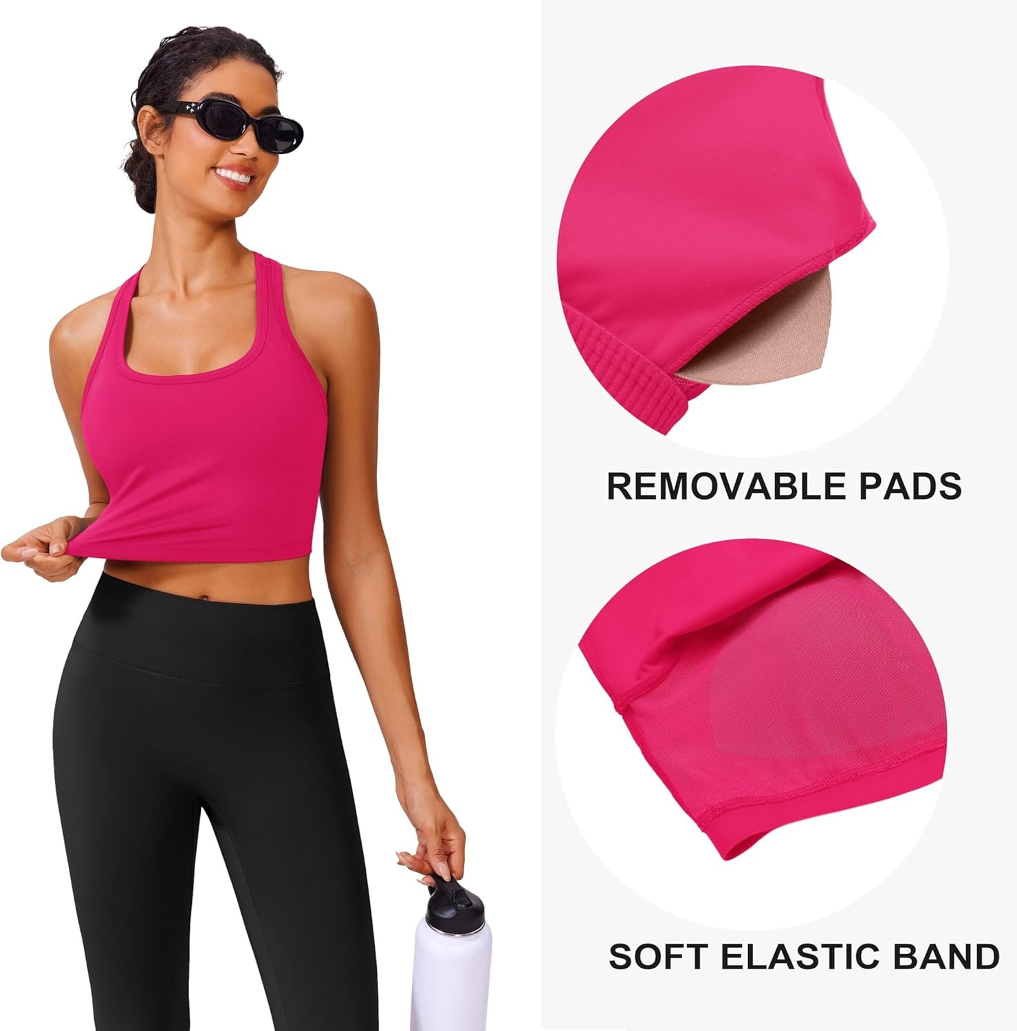 image:imagePINSPARK Sports Bra Longline Racerback Tank Tops for Women Padded Workout Yoga TopHot Pink