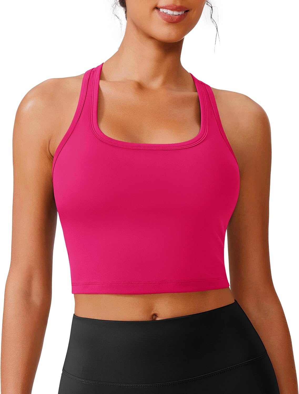 image:imagePINSPARK Sports Bra Longline Racerback Tank Tops for Women Padded Workout Yoga TopHot Pink