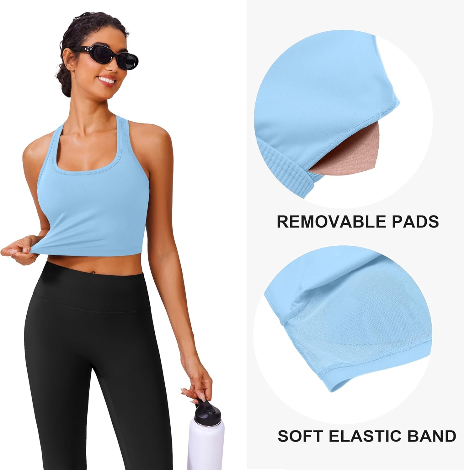 image:imagePINSPARK Sports Bra Longline Racerback Tank Tops for Women Padded Workout Yoga TopLight Blue