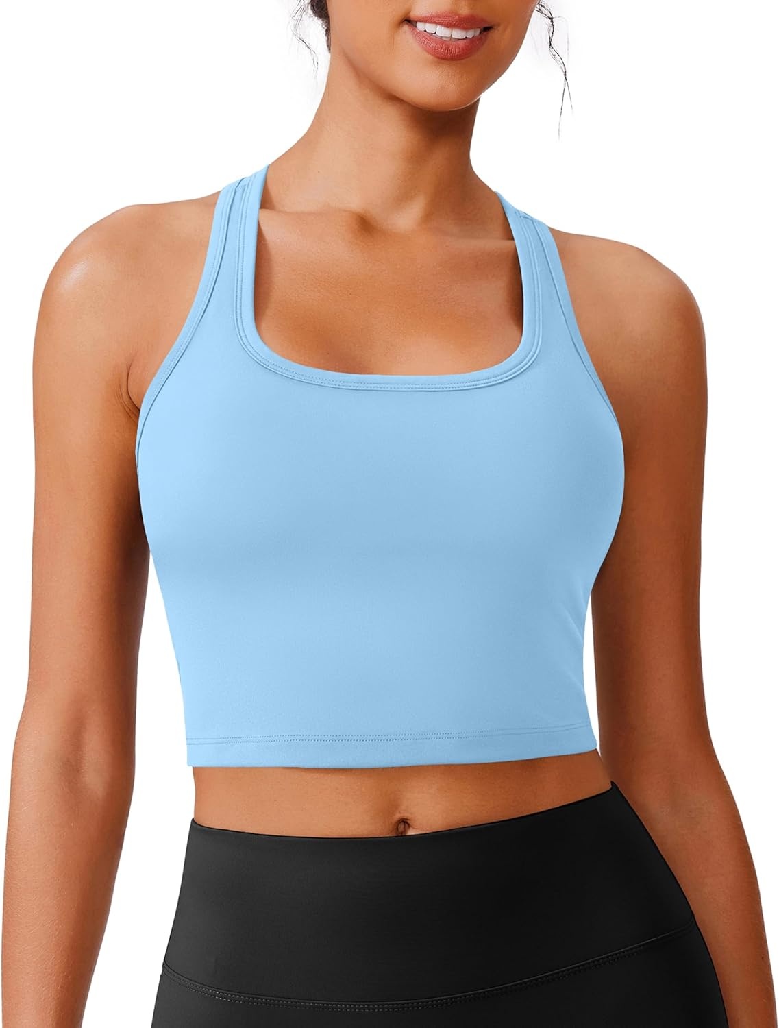 image:imagePINSPARK Sports Bra Longline Racerback Tank Tops for Women Padded Workout Yoga TopLight Blue