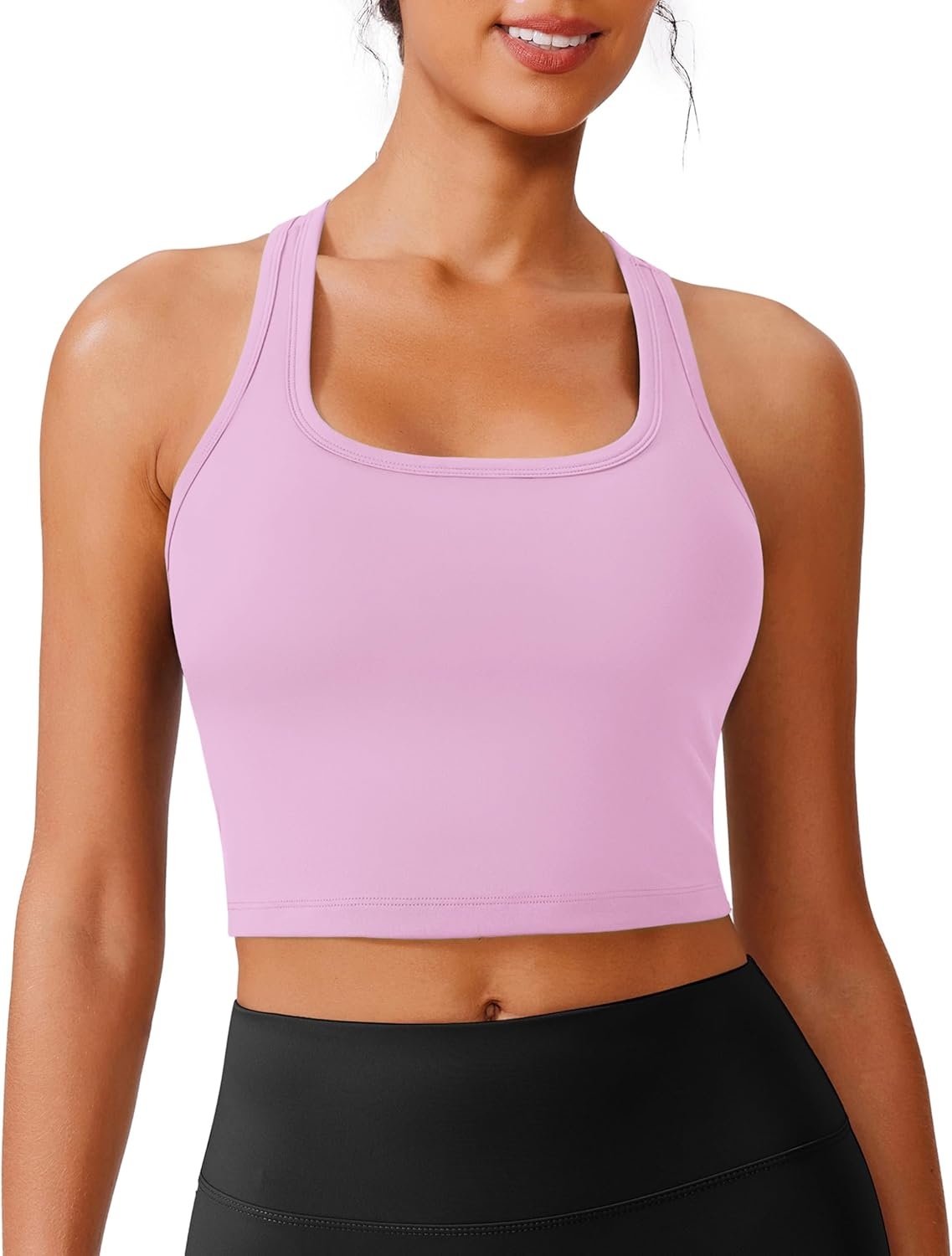image:imagePINSPARK Sports Bra Longline Racerback Tank Tops for Women Padded Workout Yoga TopLight Pink
