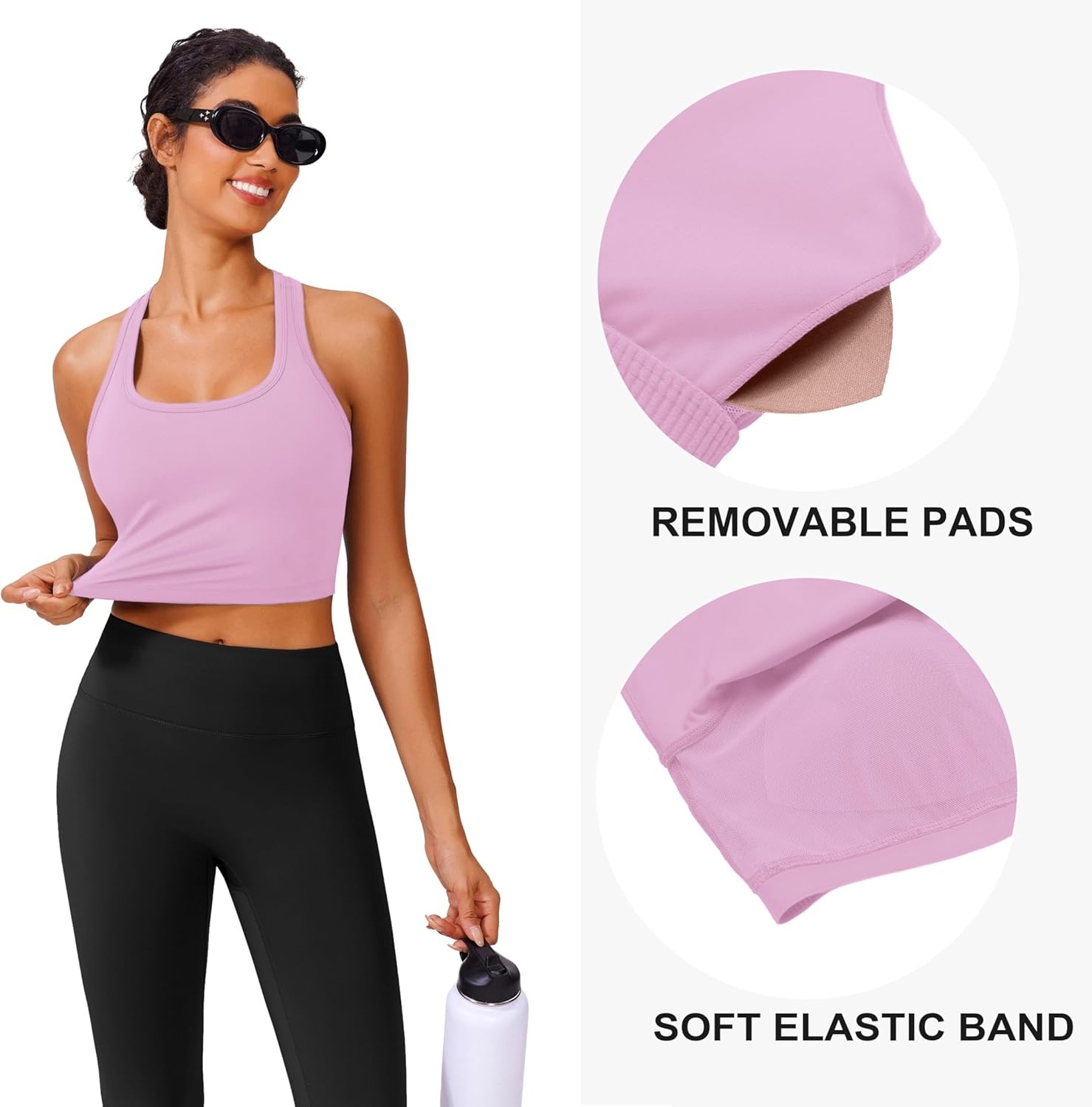 image:imagePINSPARK Sports Bra Longline Racerback Tank Tops for Women Padded Workout Yoga TopLight Pink