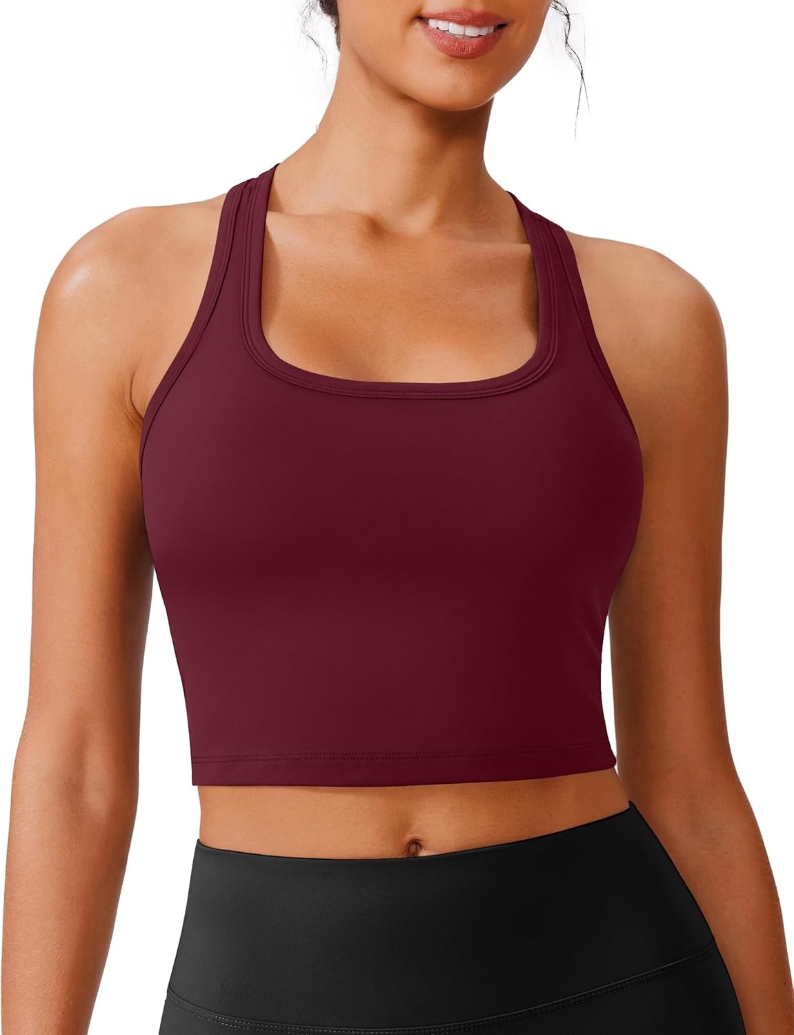 image:imagePINSPARK Sports Bra Longline Racerback Tank Tops for Women Padded Workout Yoga TopRed Merlot