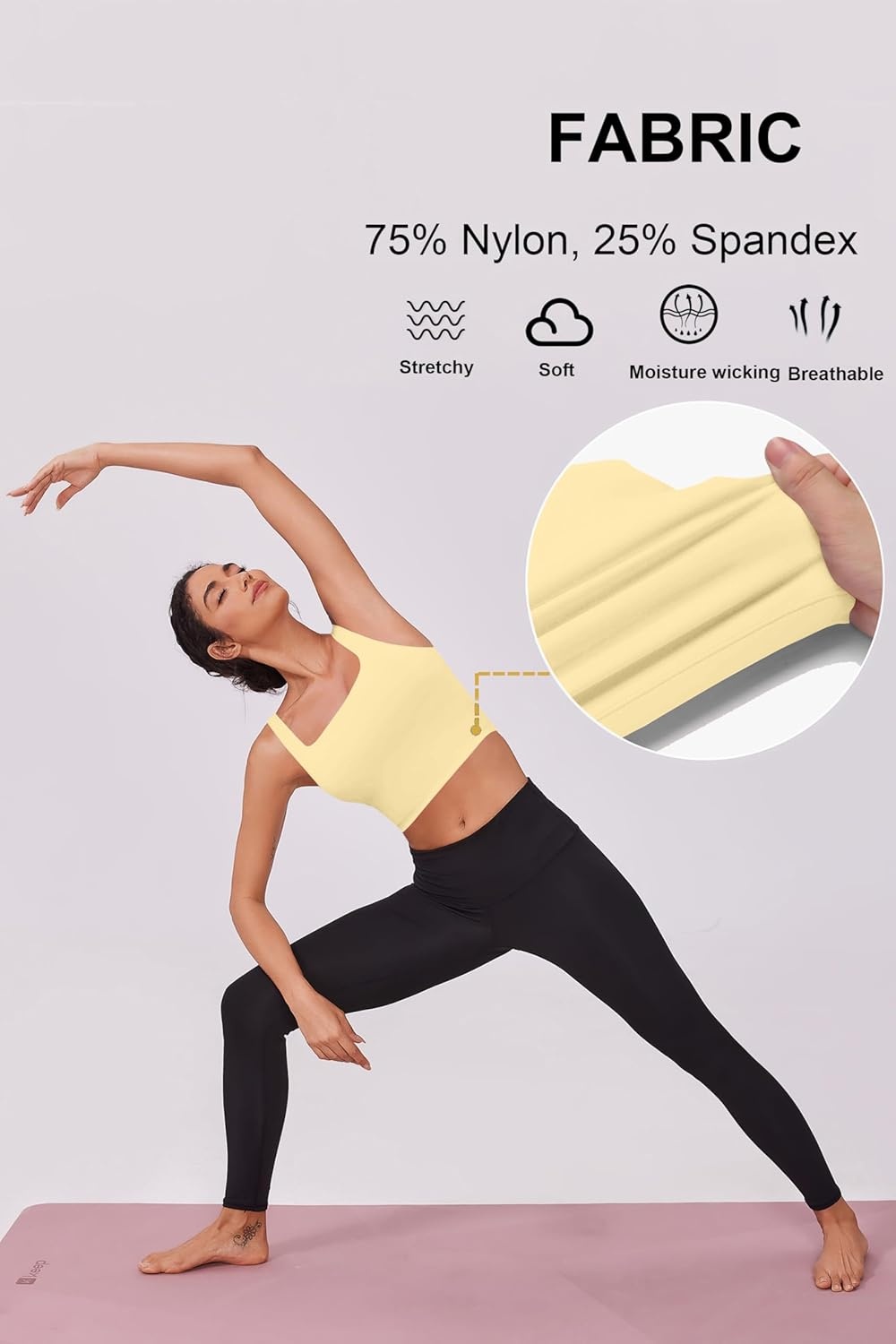 image:imagePINSPARK Sports Bra for Women Square Neck Longline Tank Top with Built in BraButter Yellow