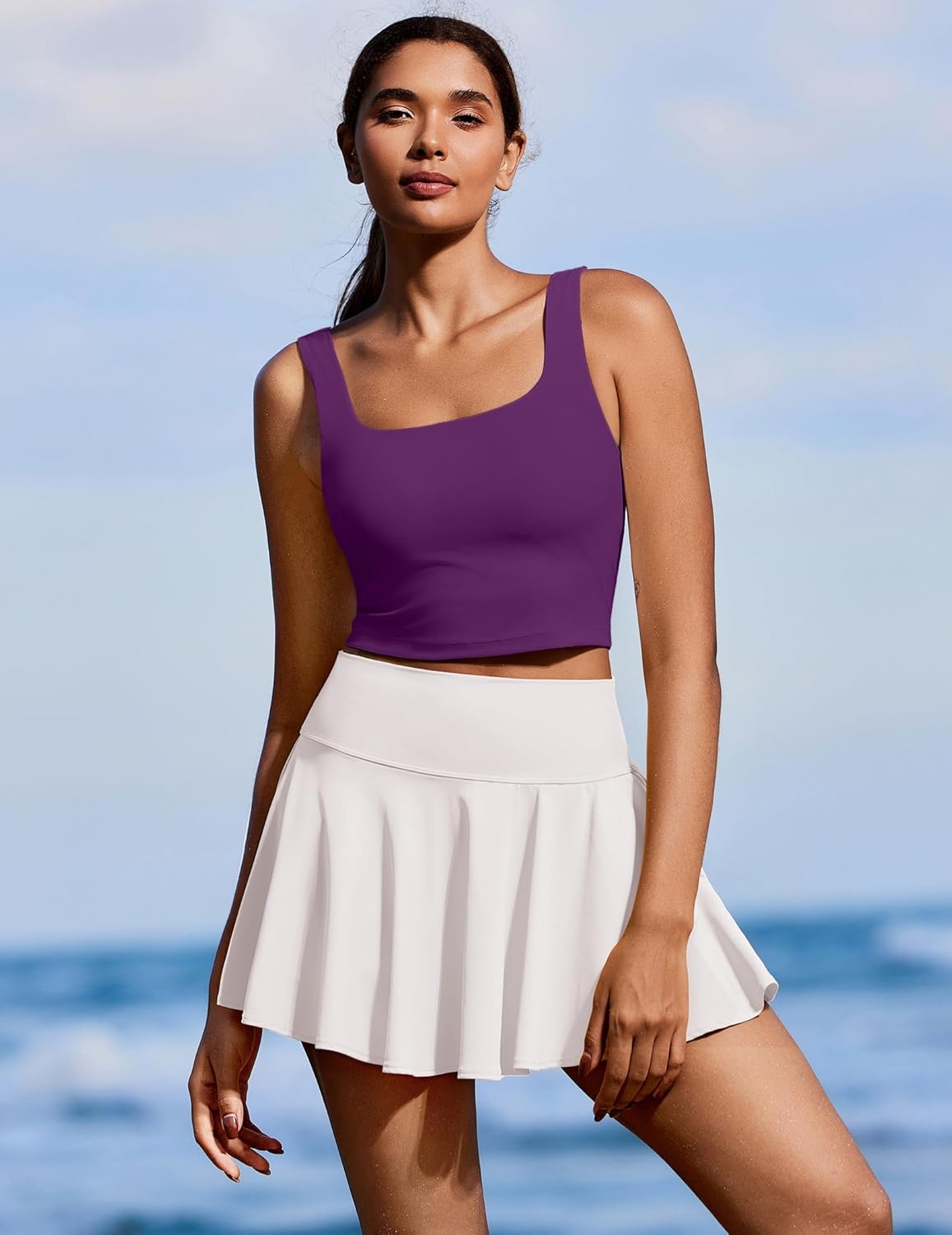 image:imagePINSPARK Sports Bra for Women Square Neck Longline Tank Top with Built in BraDark Purple