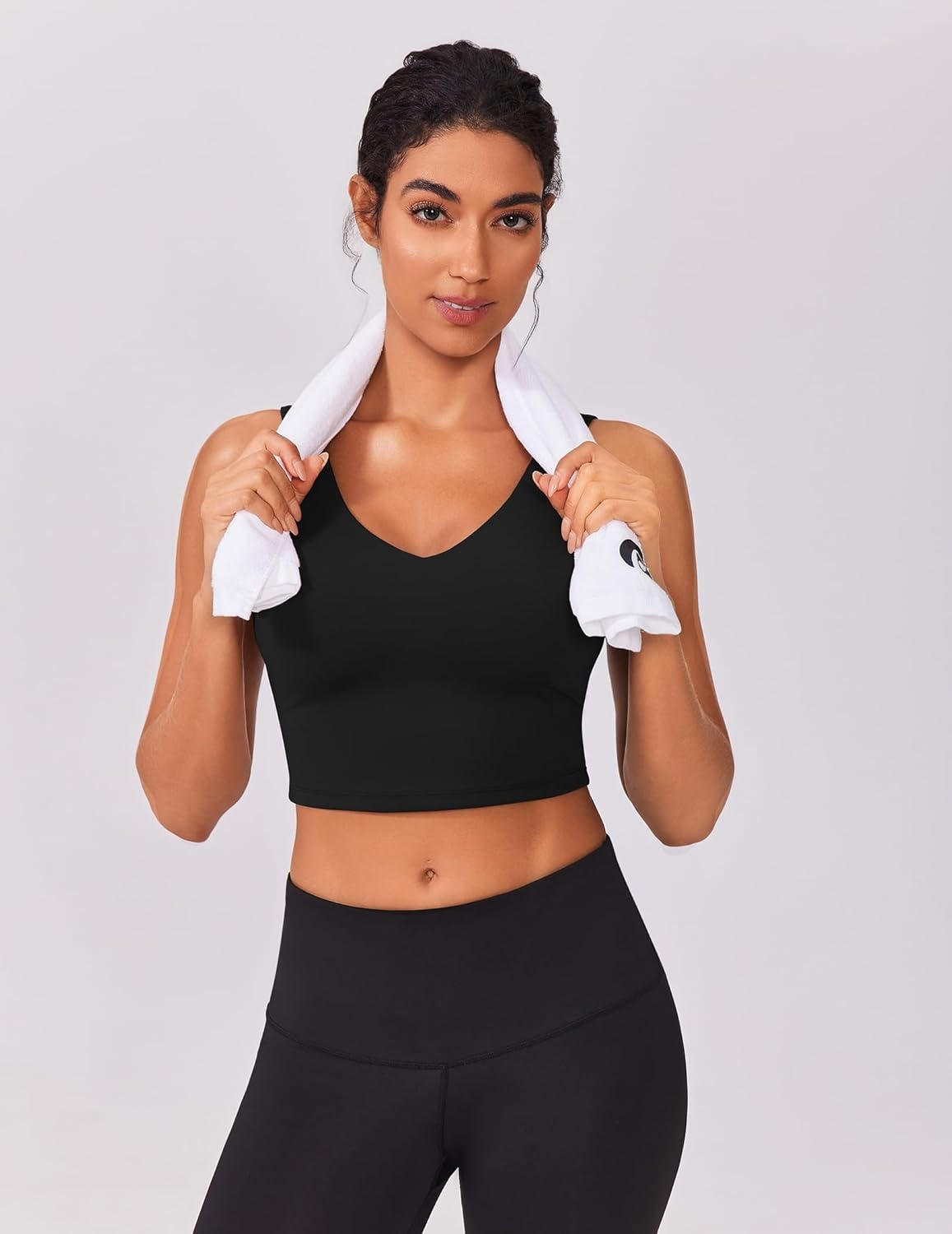 image:imagePINSPARK Sports Bras for Women Built in Bras Padded Yoga Bra V Neck Longline Workout Tank Tops with Removable PadsBlack