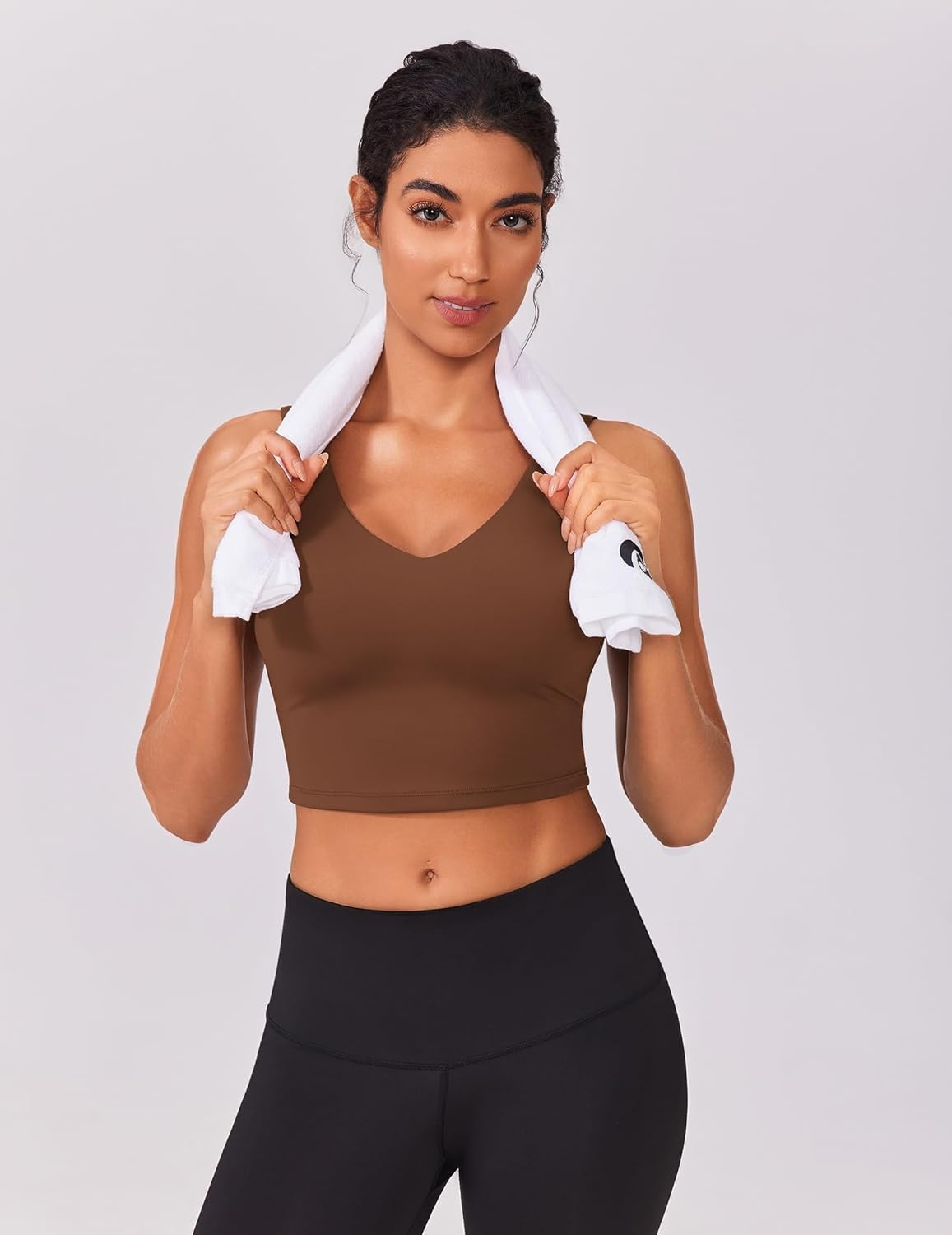 image:imagePINSPARK Sports Bras for Women Built in Bras Padded Yoga Bra V Neck Longline Workout Tank Tops with Removable PadsCoffee Brown