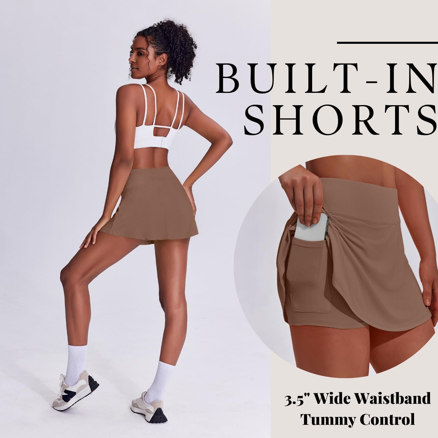 image:imagePINSPARK Tennis Skirts for Women Pleated Athletic Skort Lightweight Golf Skirts with Shorts Pocket Workout PickleballBrown