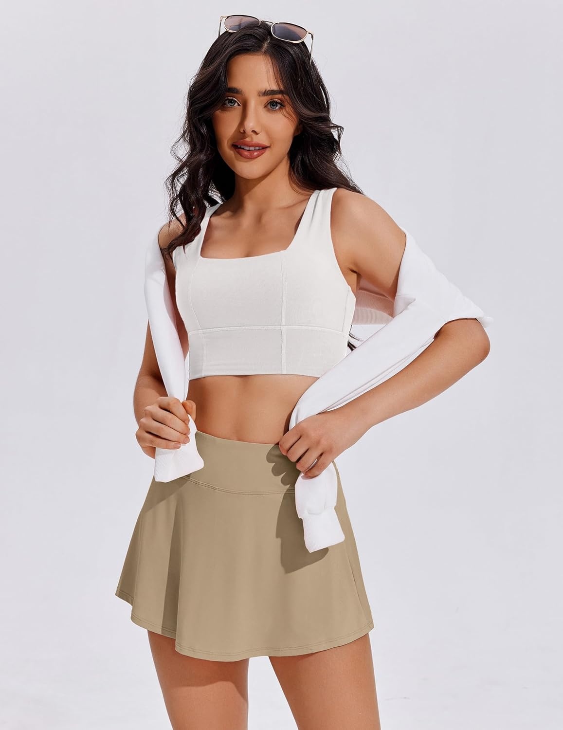 image:imagePINSPARK Tennis Skirts for Women Pleated Athletic Skort Lightweight Golf Skirts with Shorts Pocket Workout PickleballKhaki