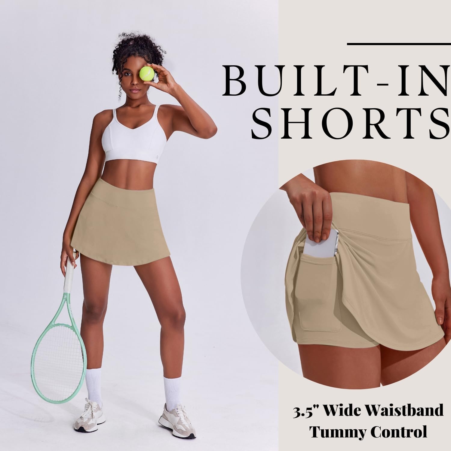 image:imagePINSPARK Tennis Skirts for Women Pleated Athletic Skort Lightweight Golf Skirts with Shorts Pocket Workout PickleballKhaki